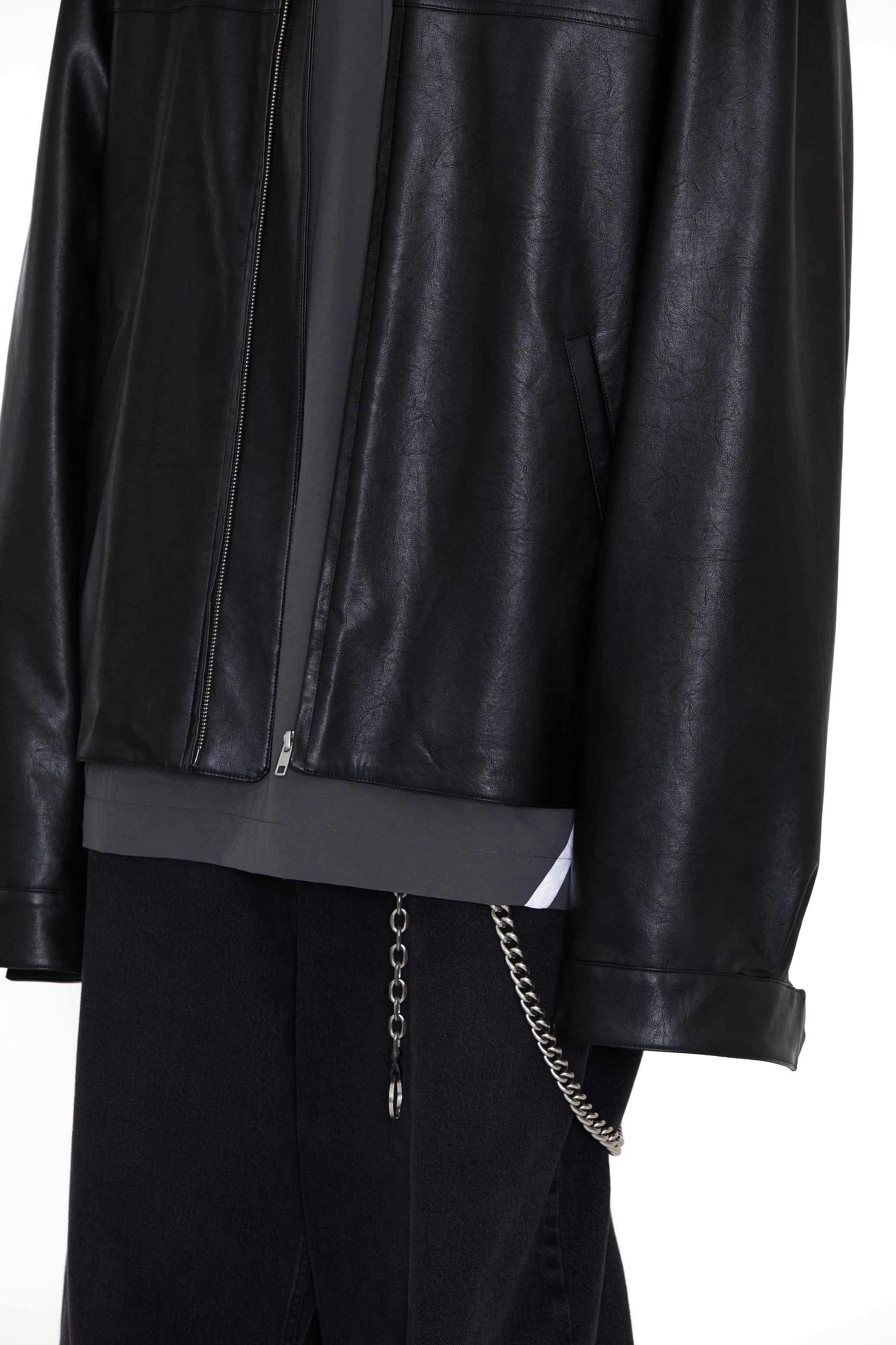 BLACK SYNTHEITC LEATHER SLANT JACKET