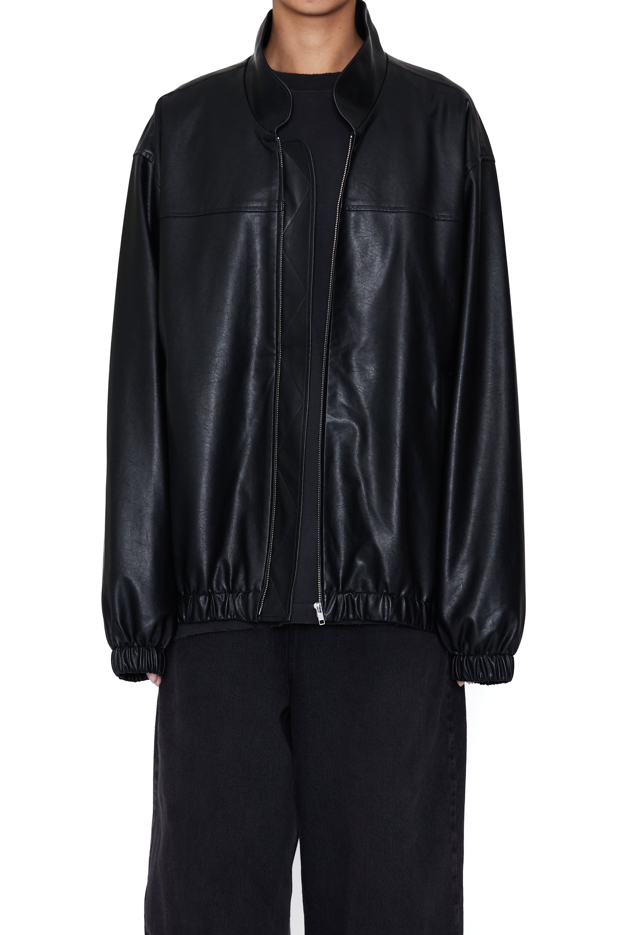 BLACK SYNTHEITC LEATHER OVERSIZED TEAM JACKET