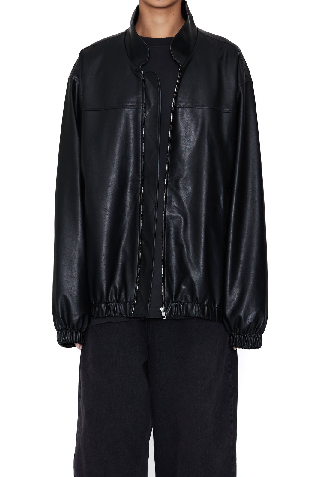 BLACK SYNTHEITC LEATHER OVERSIZED TEAM JACKET