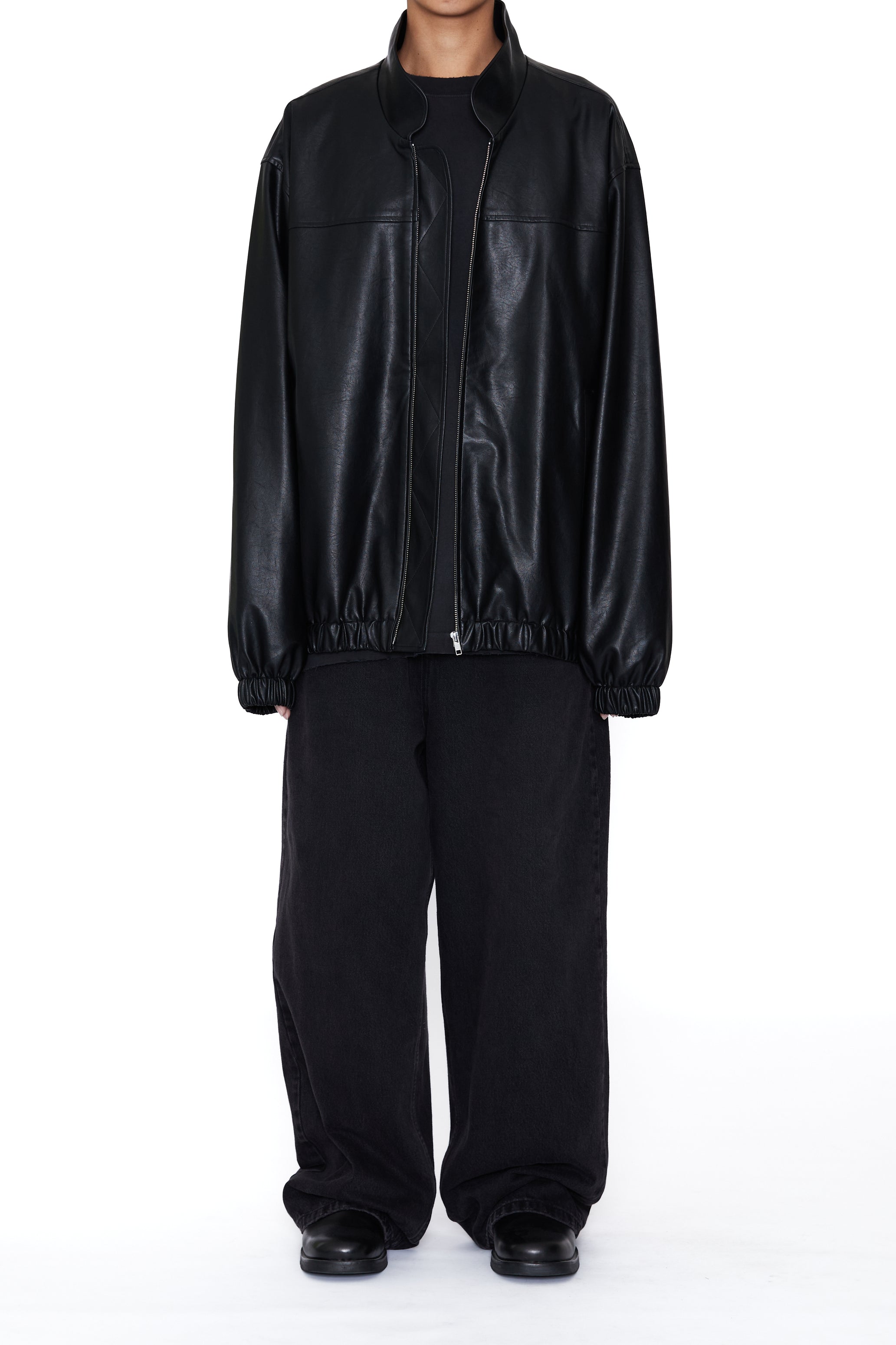 BLACK SYNTHEITC LEATHER OVERSIZED TEAM JACKET