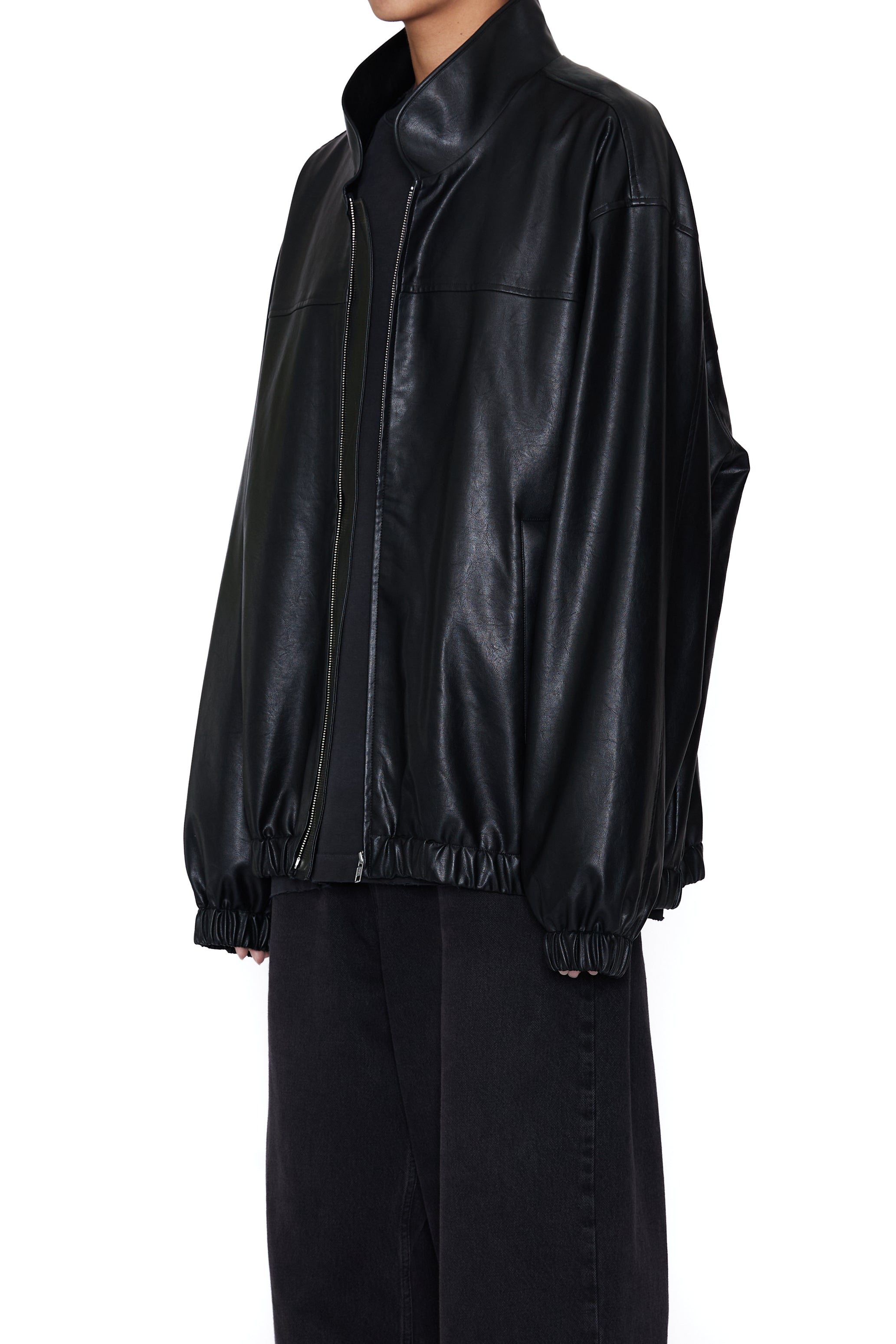 BLACK SYNTHEITC LEATHER OVERSIZED TEAM JACKET