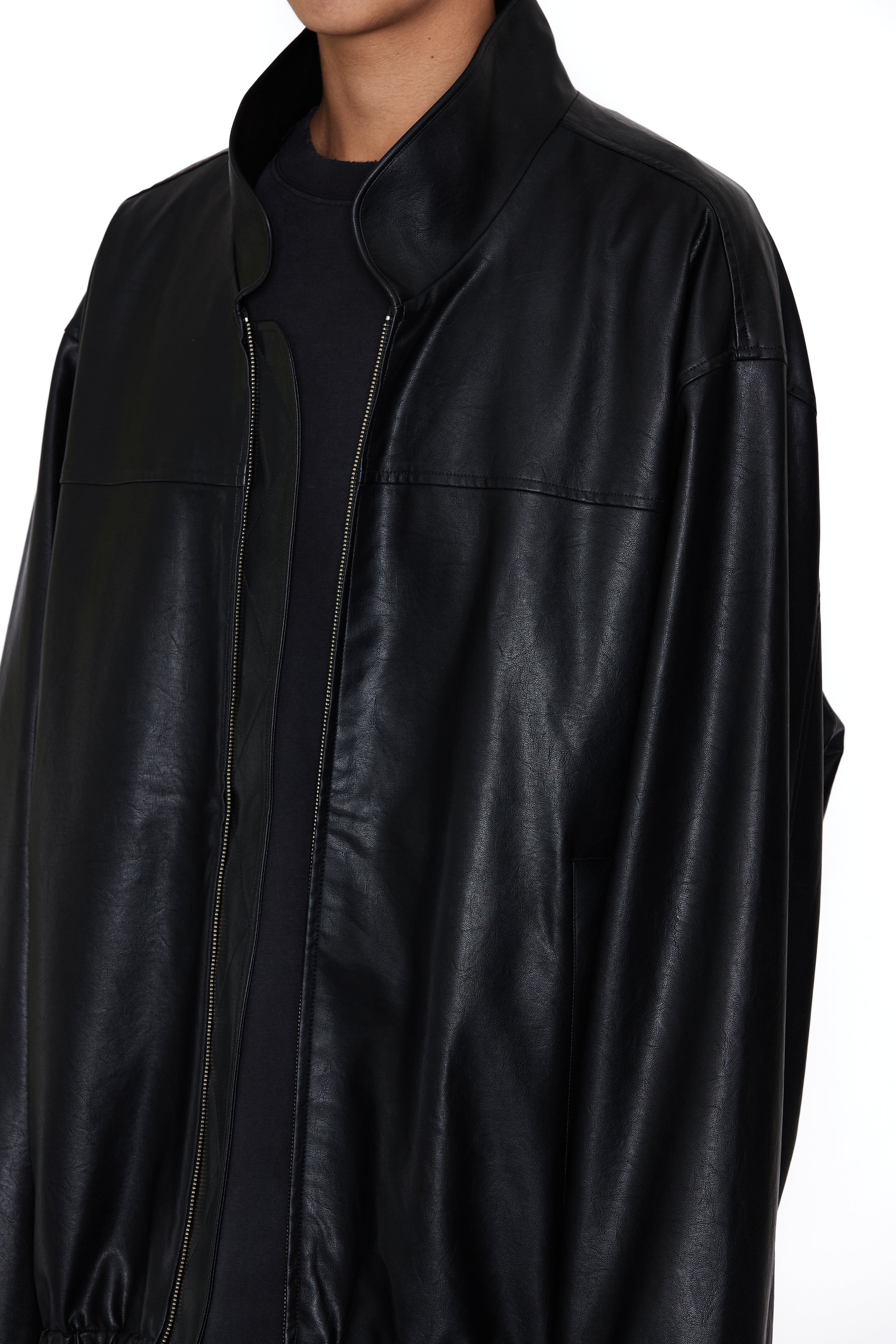 BLACK SYNTHEITC LEATHER OVERSIZED TEAM JACKET