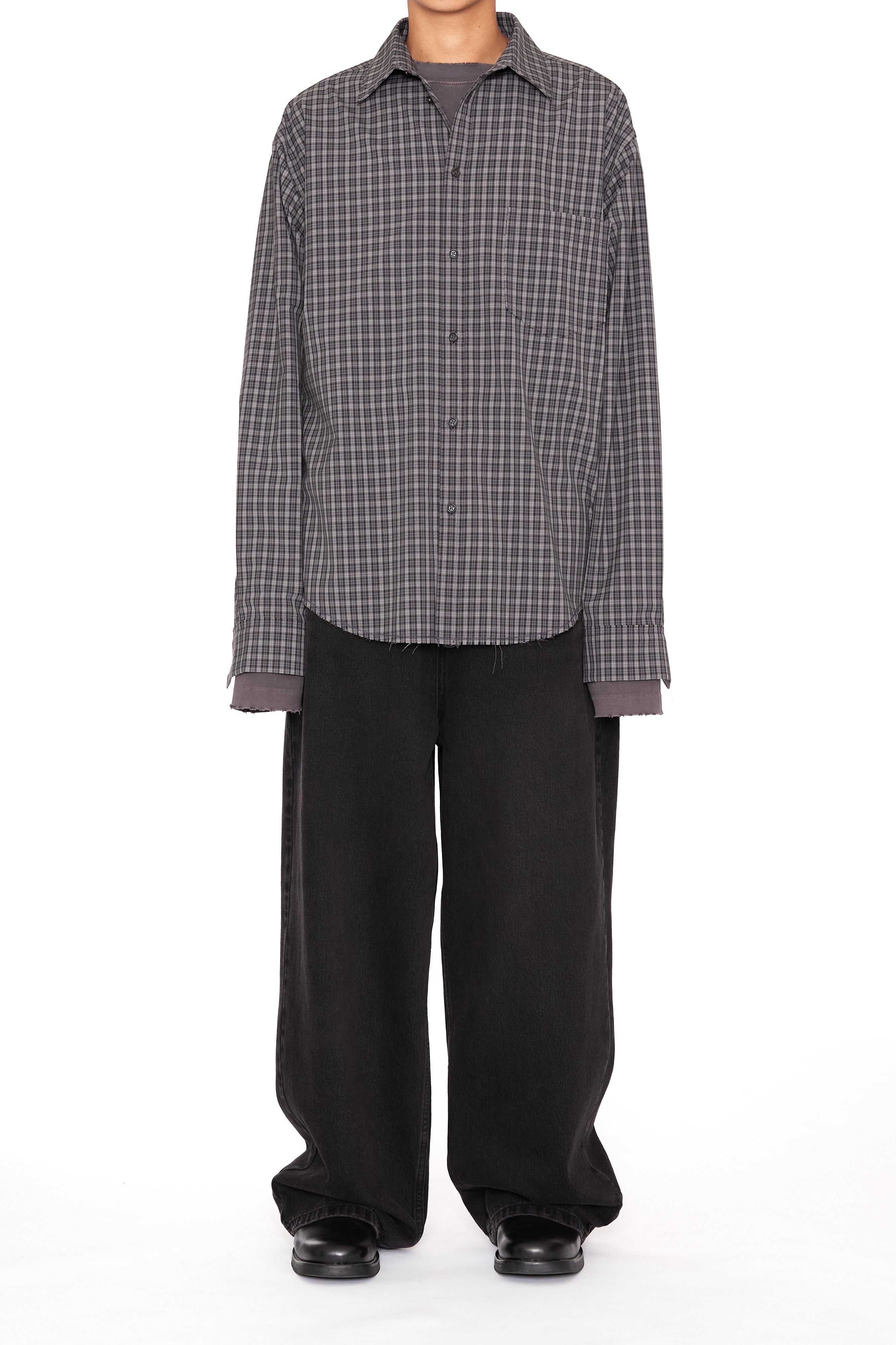 Load image into Gallery viewer, GREY CHECK WOOL POLY RAW EDGES SHIFTED SHIRT
