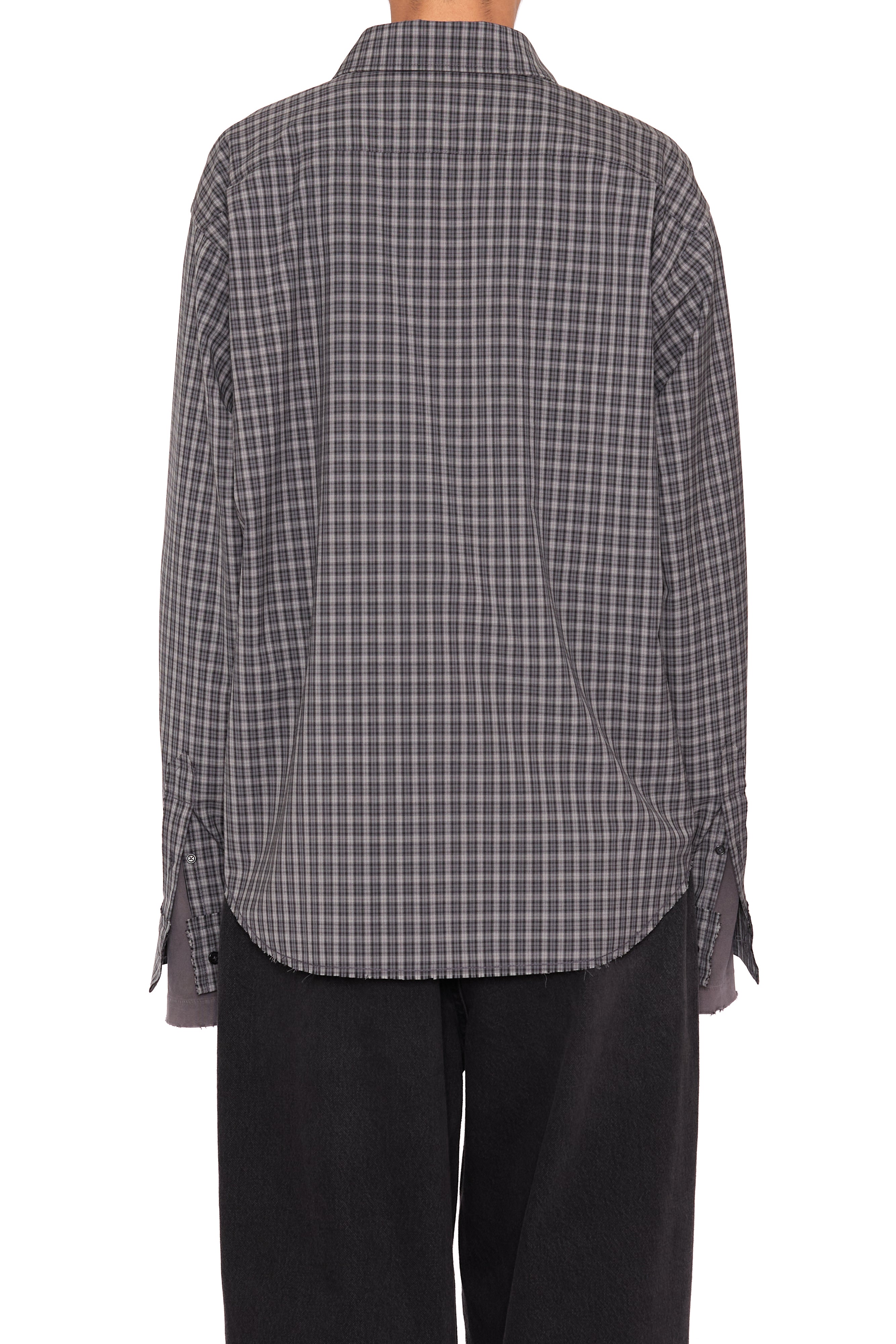 Load image into Gallery viewer, GREY CHECK WOOL POLY RAW EDGES SHIFTED SHIRT
