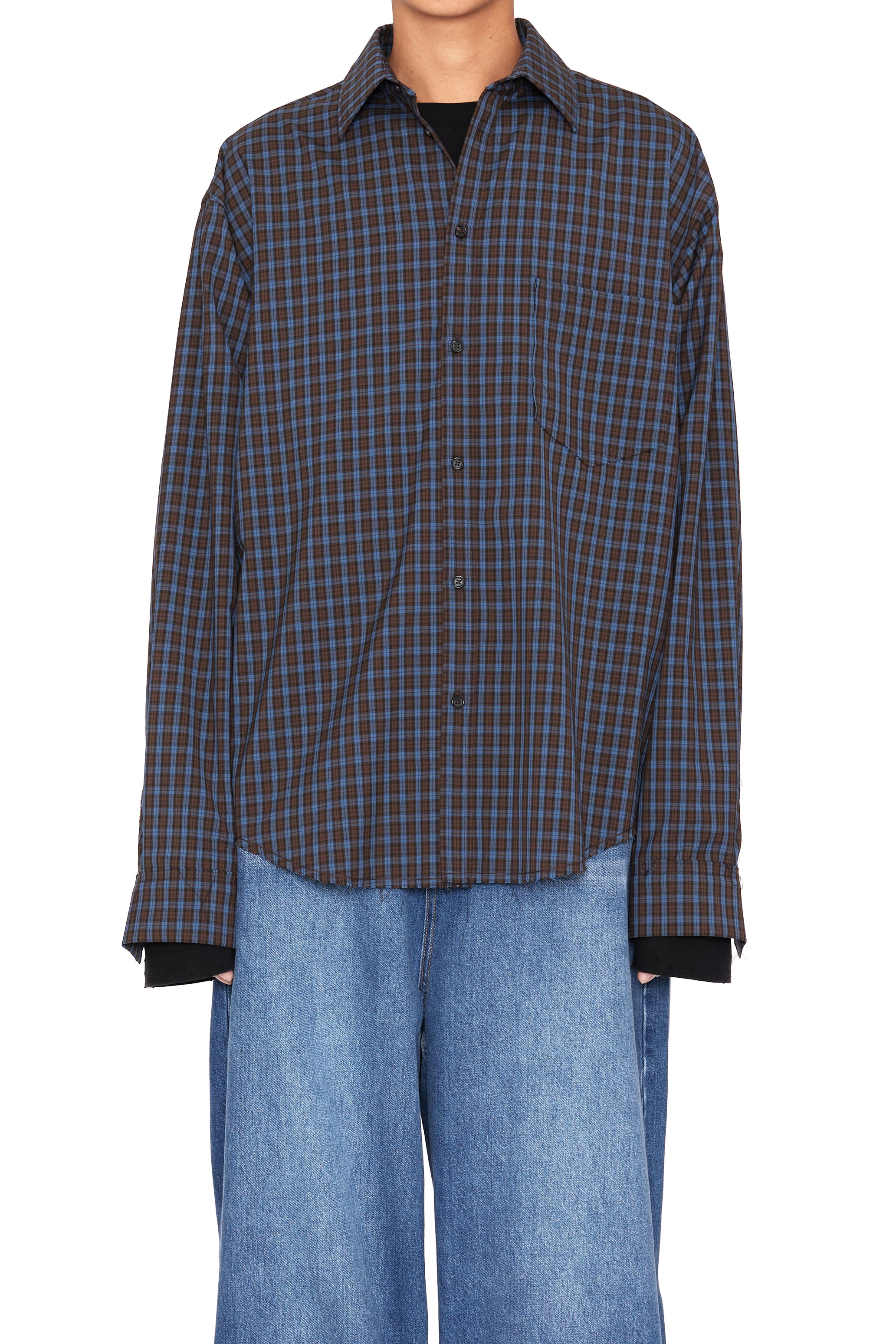 BROWN CHECK WOOL POLY RAW EDGES SHIFTED SHIRT