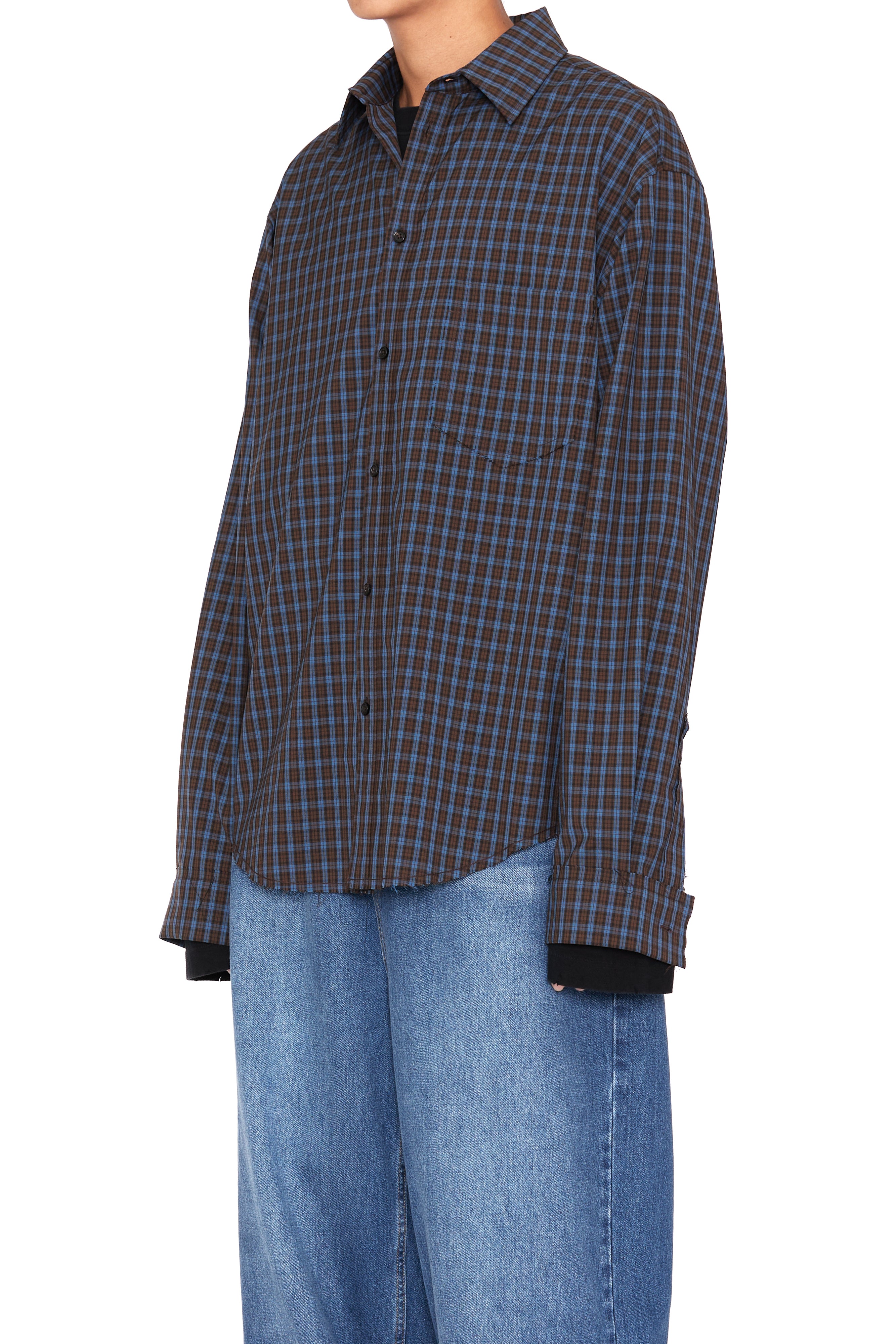 Load image into Gallery viewer, BROWN CHECK WOOL POLY RAW EDGES SHIFTED SHIRT
