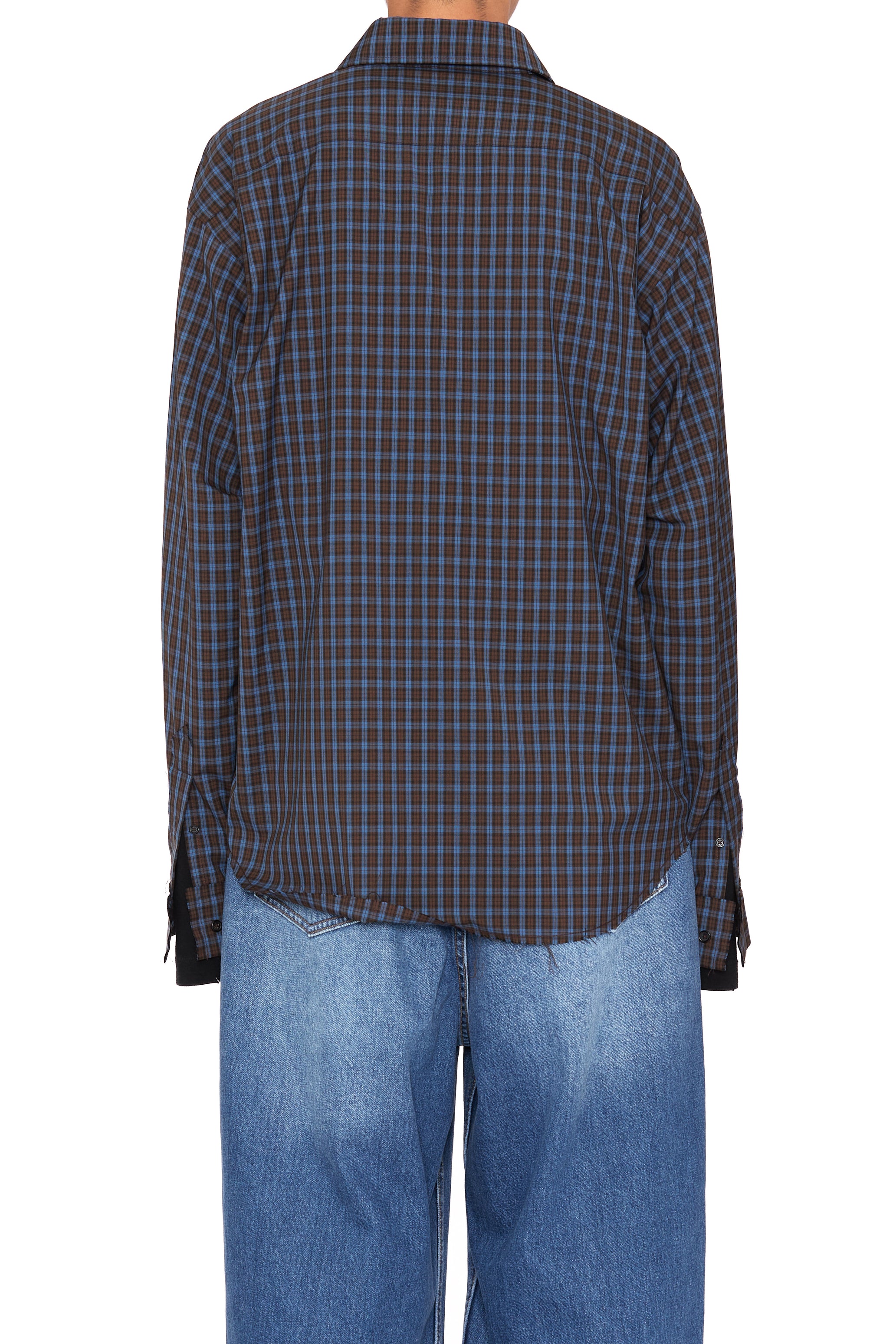 BROWN CHECK WOOL POLY RAW EDGES SHIFTED SHIRT