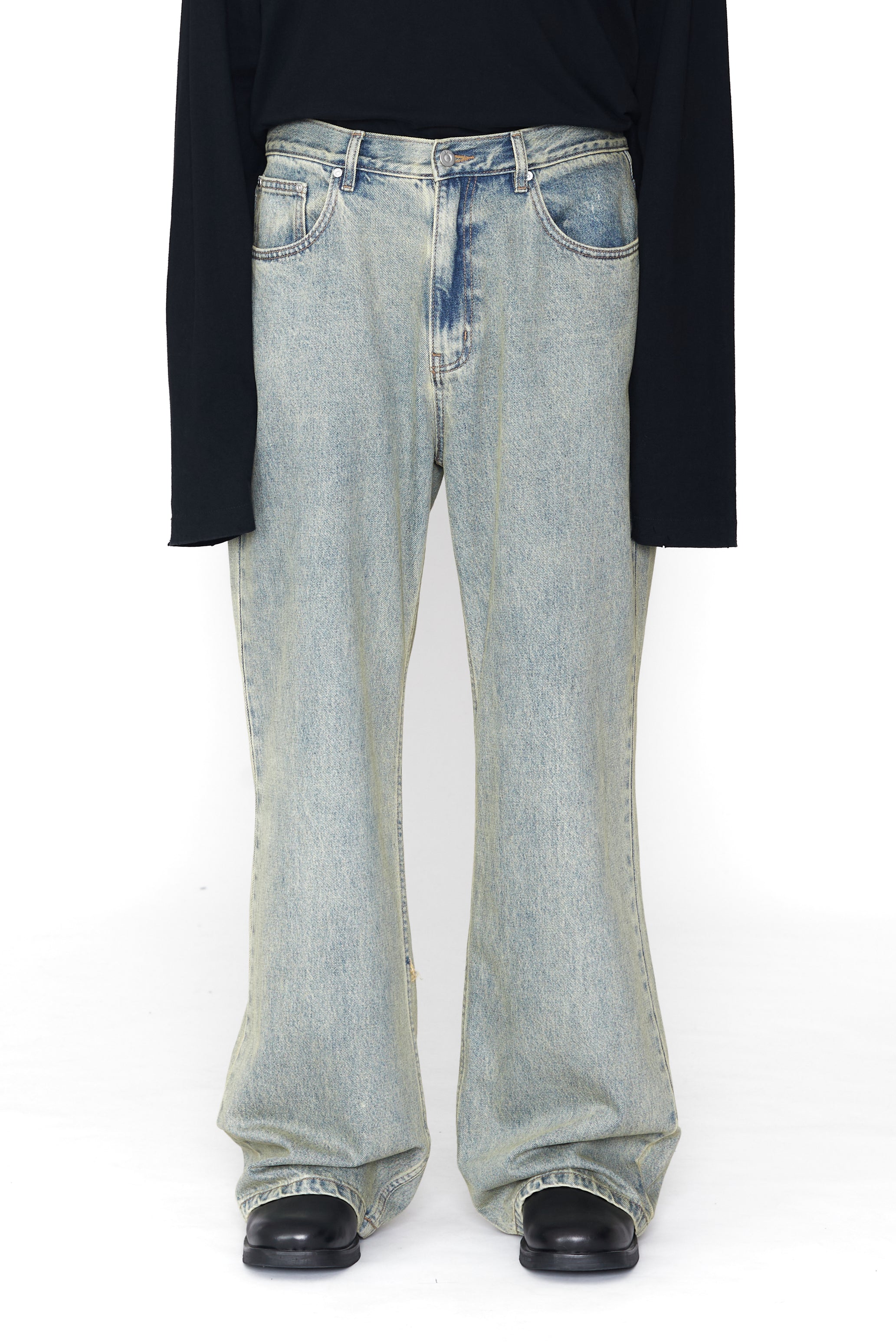 INDIGO ACID WASHED DISTRESSED EXTENDED CUT FLARED JEANS