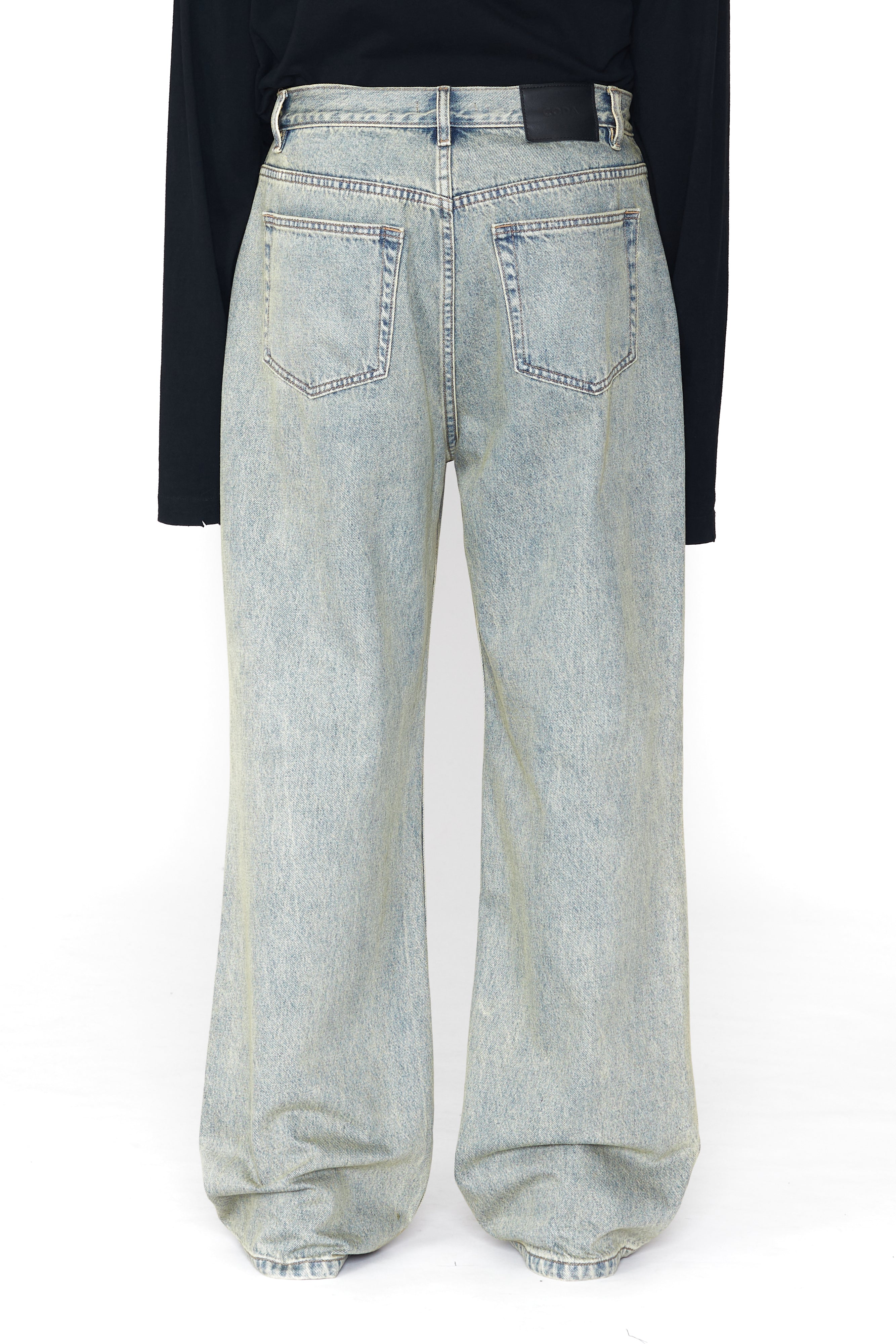 Load image into Gallery viewer, INDIGO ACID WASHED DISTRESSED EXTENDED CUT FLARED JEANS
