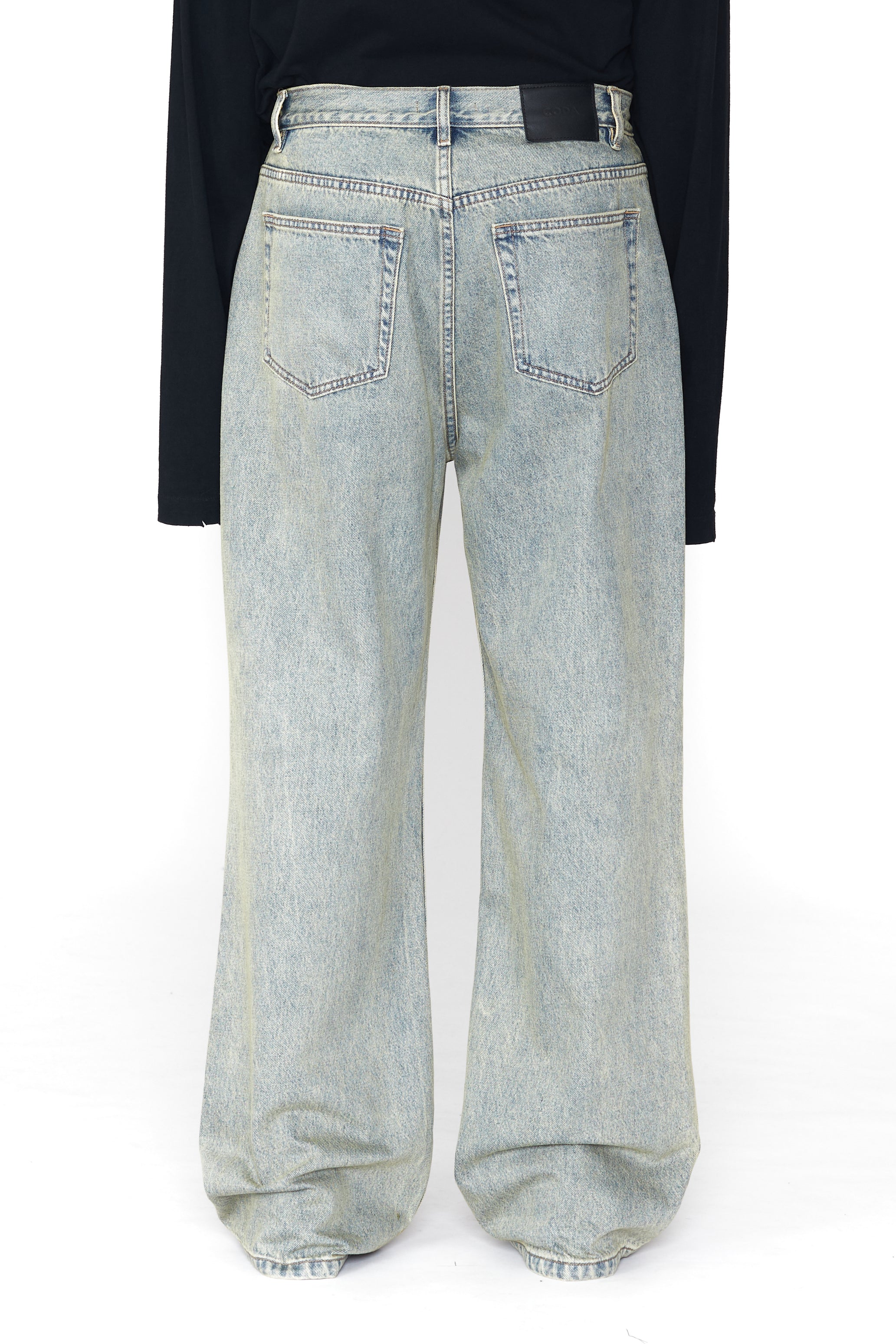 INDIGO ACID WASHED DISTRESSED EXTENDED CUT FLARED JEANS