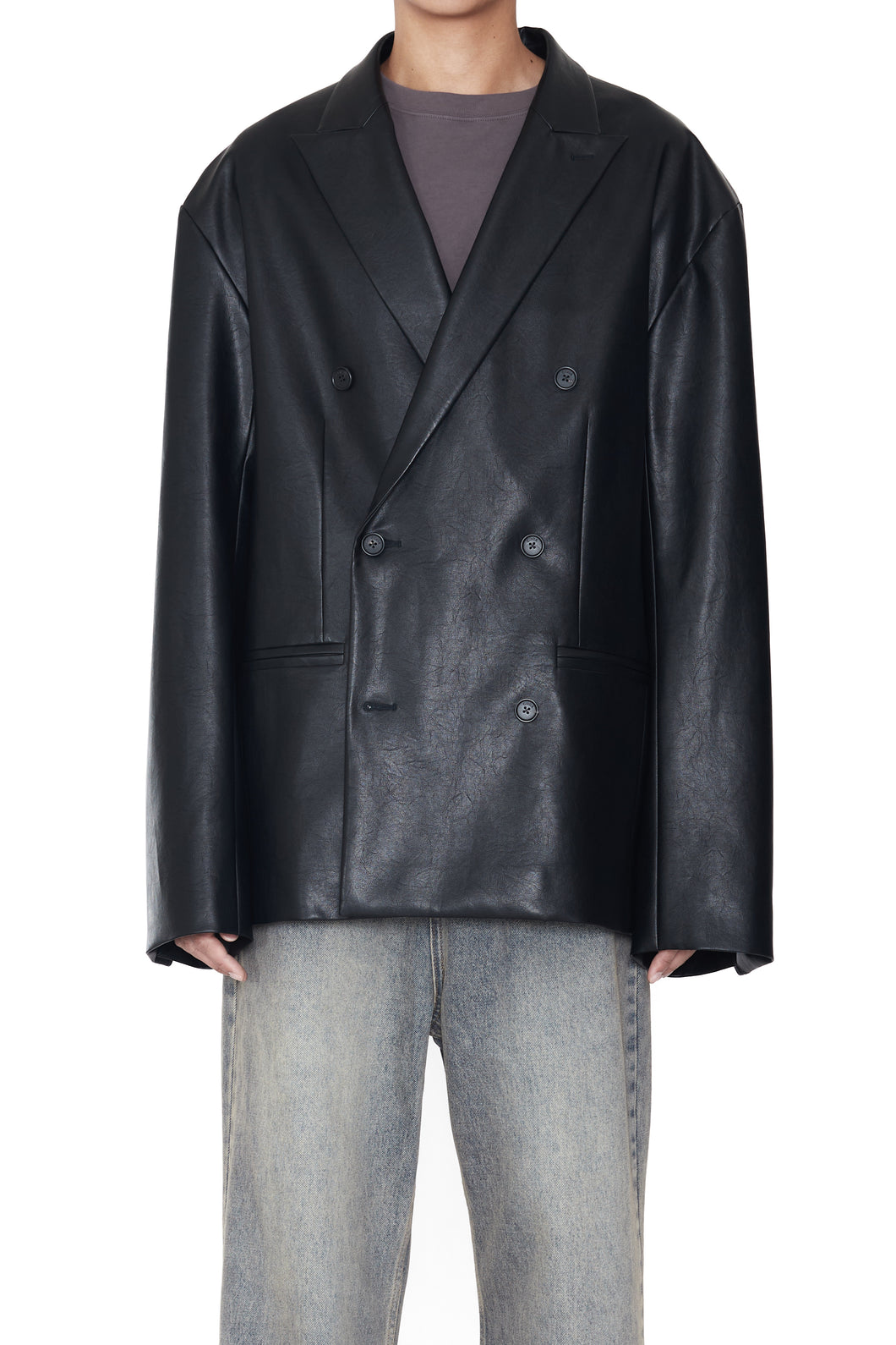 BLACK SYNTHETIC LEATHER DOUBLE BREASTED LENTO BLAZER