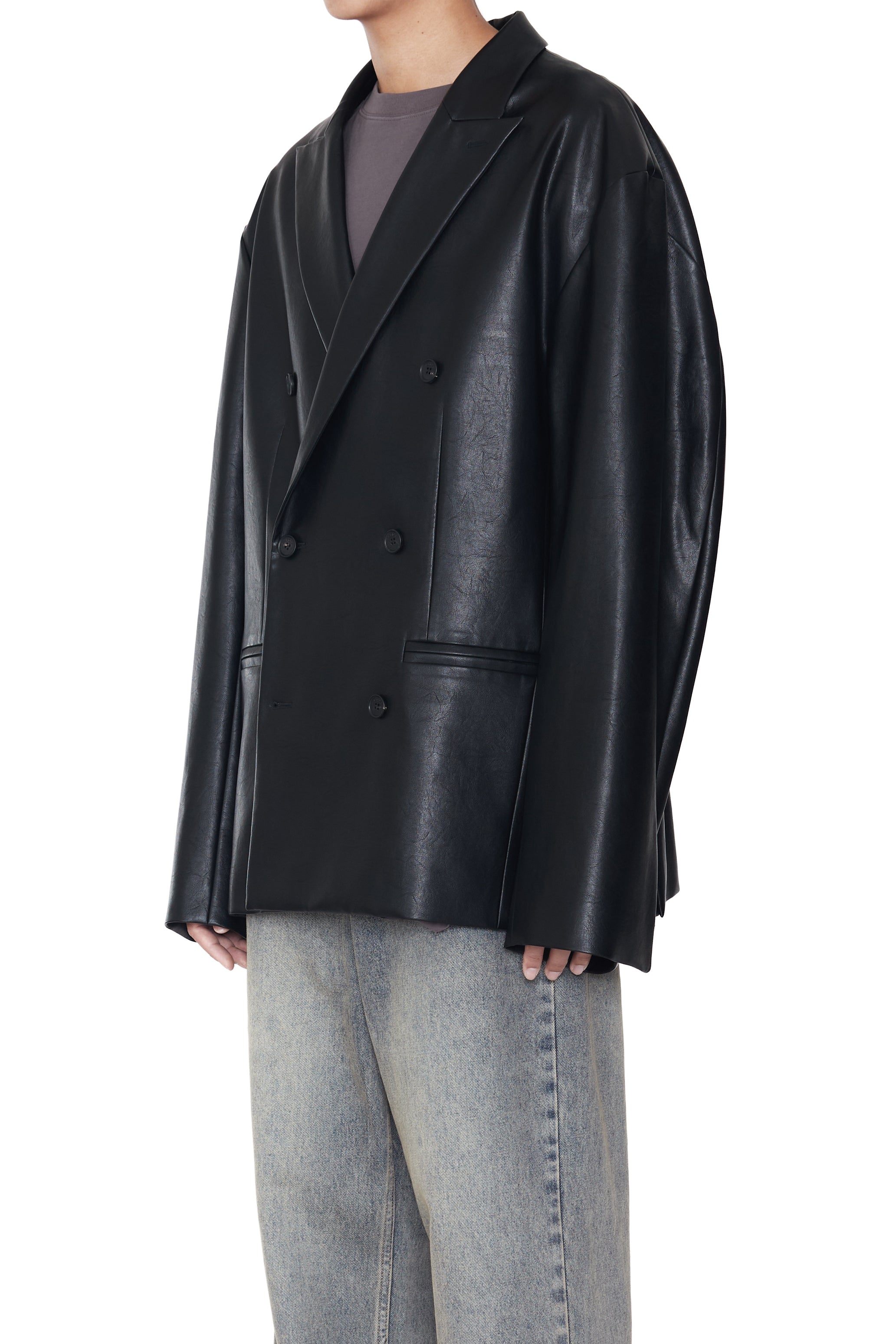 BLACK SYNTHETIC LEATHER DOUBLE BREASTED LENTO BLAZER