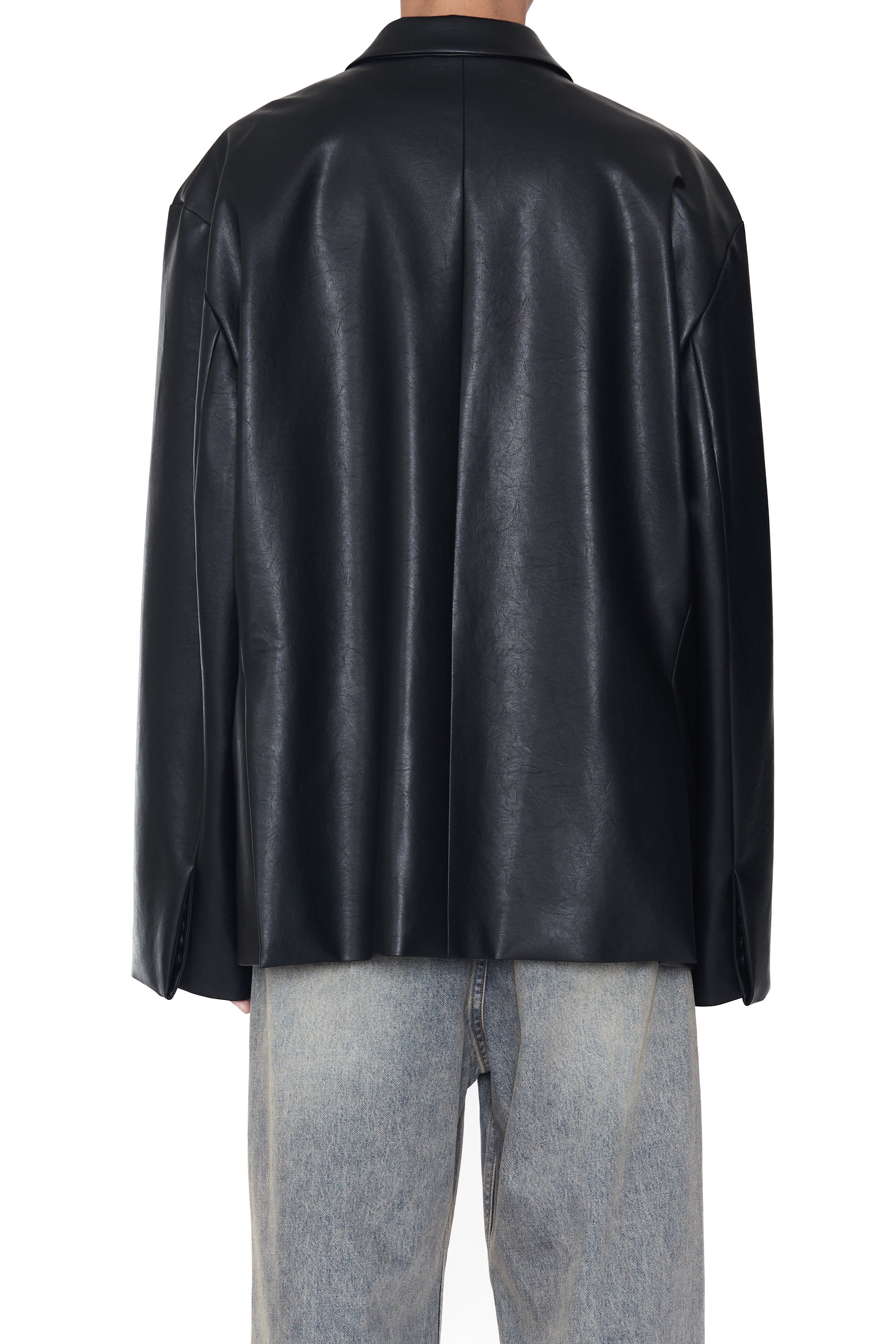Load image into Gallery viewer, BLACK SYNTHETIC LEATHER DOUBLE BREASTED LENTO BLAZER
