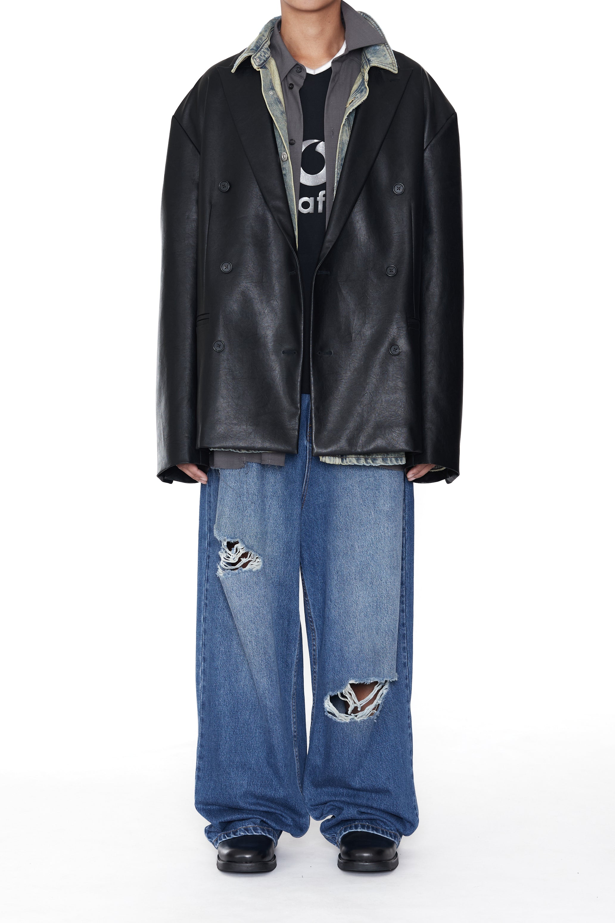 BLACK SYNTHETIC LEATHER DOUBLE BREASTED LENTO BLAZER