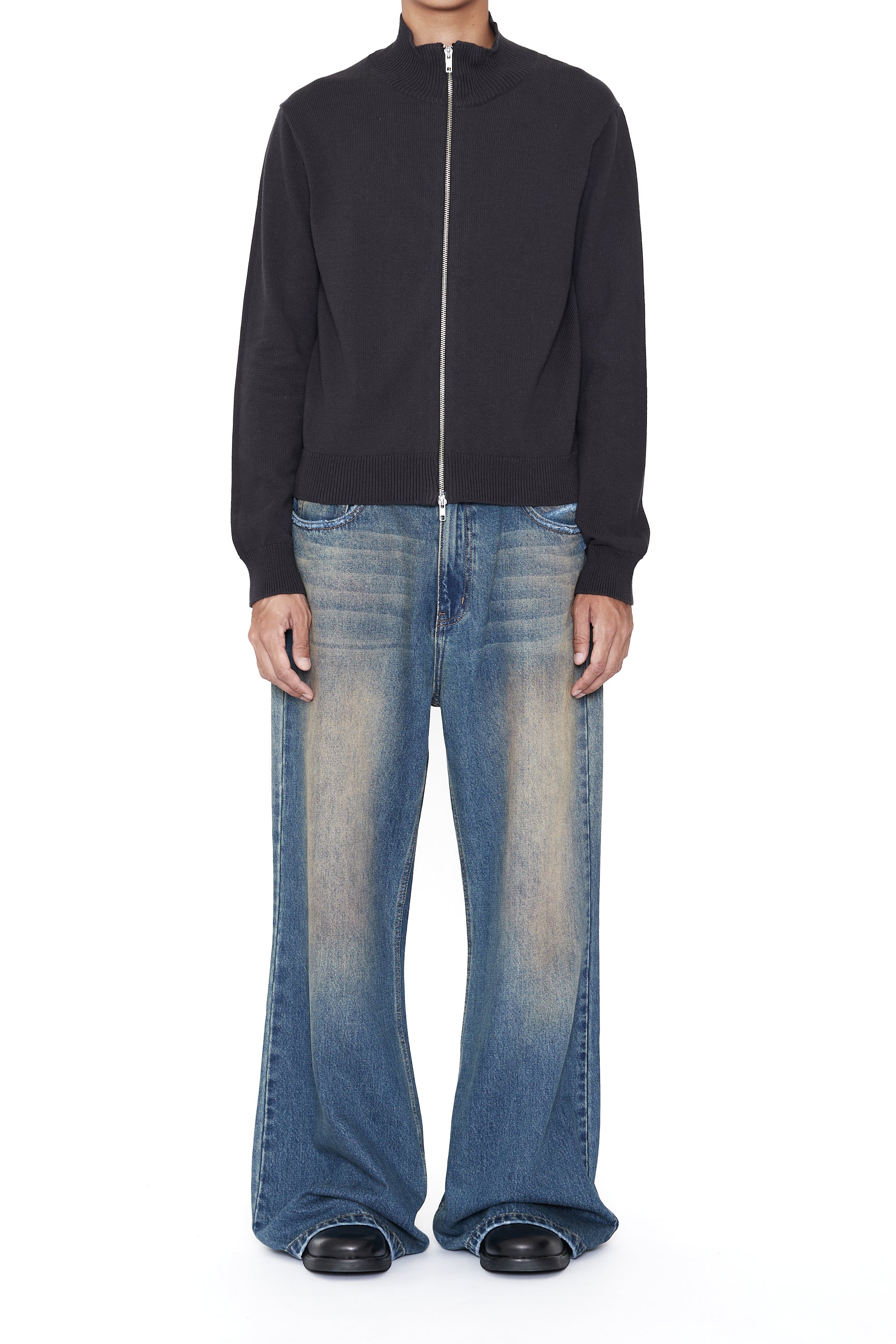 DARK GREY SHRUNKEN HIGH NECK KNIT ZIP JACKET