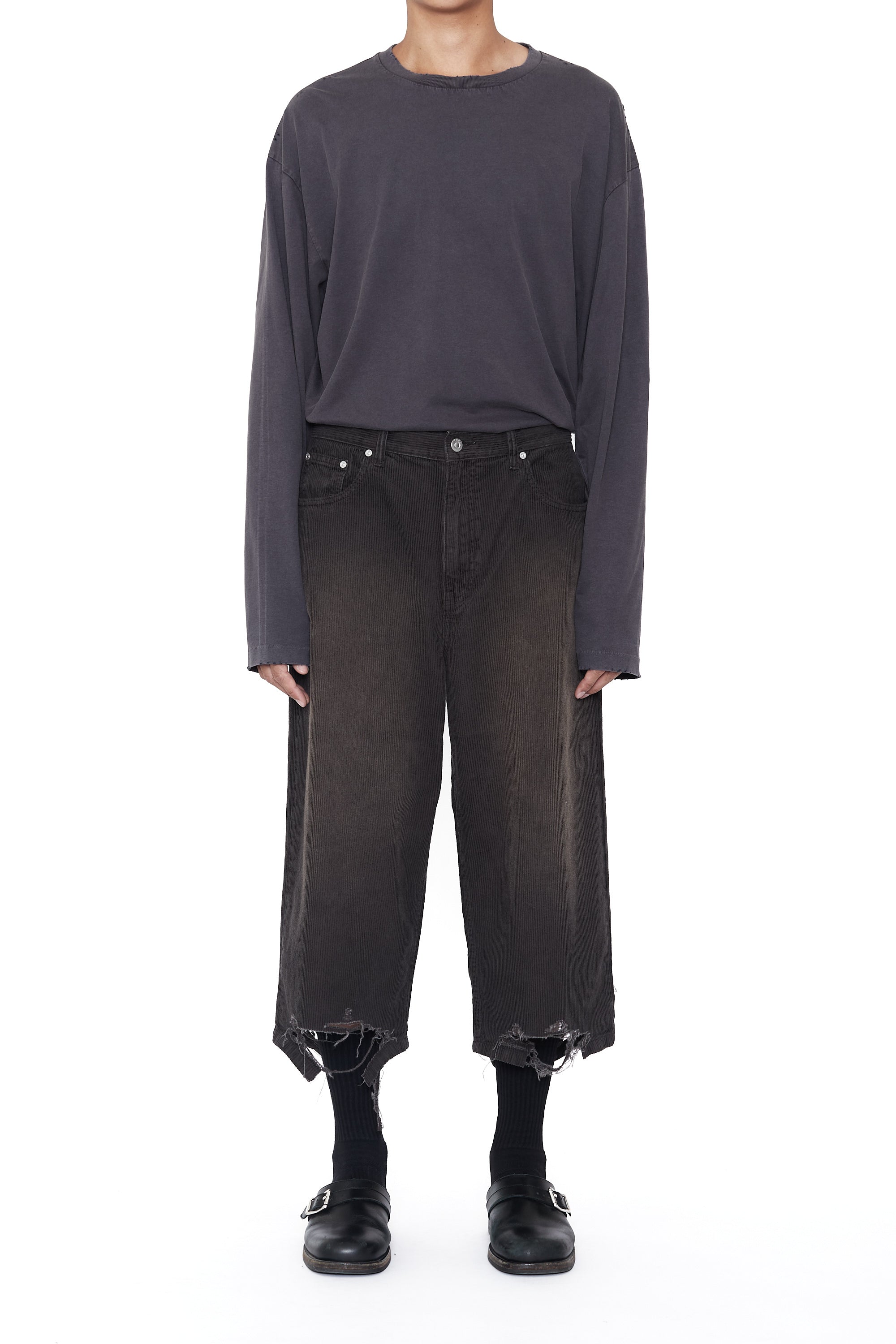 GREY WASHED CORDUROY DESTROYED CUT OUT SHORTS