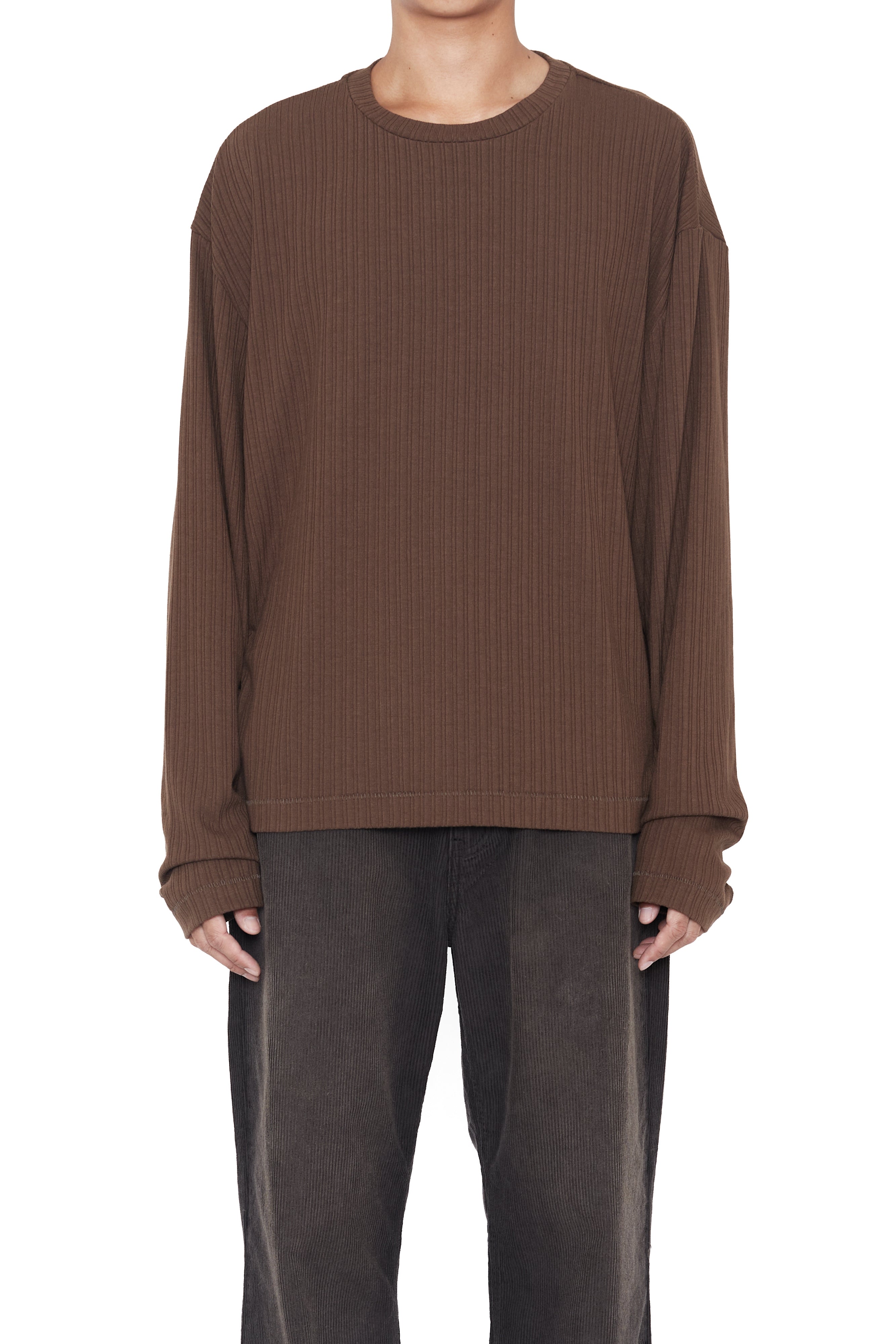 Load image into Gallery viewer, BROWN LONG SLEEVE SHIFTED RIB TOP
