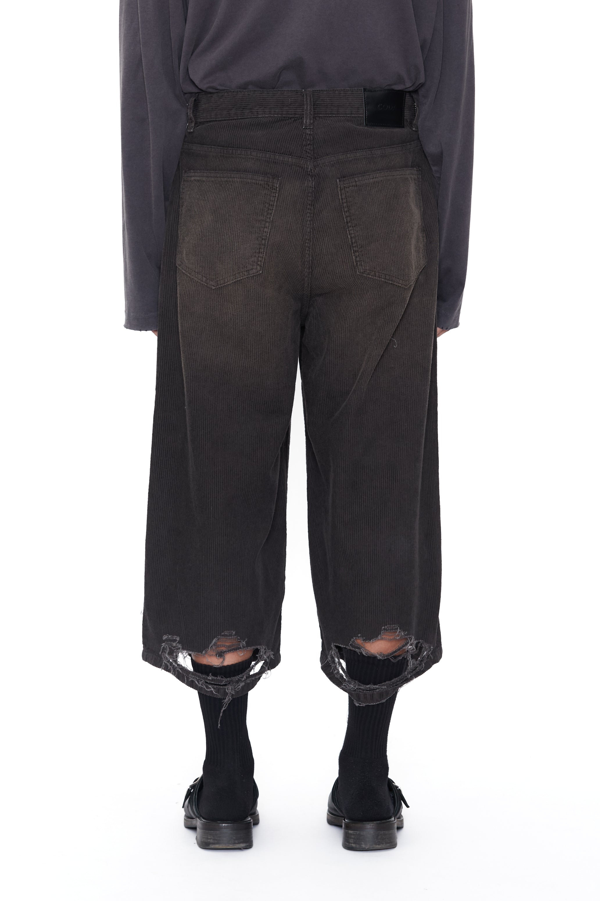 GREY WASHED CORDUROY DESTROYED CUT OUT SHORTS