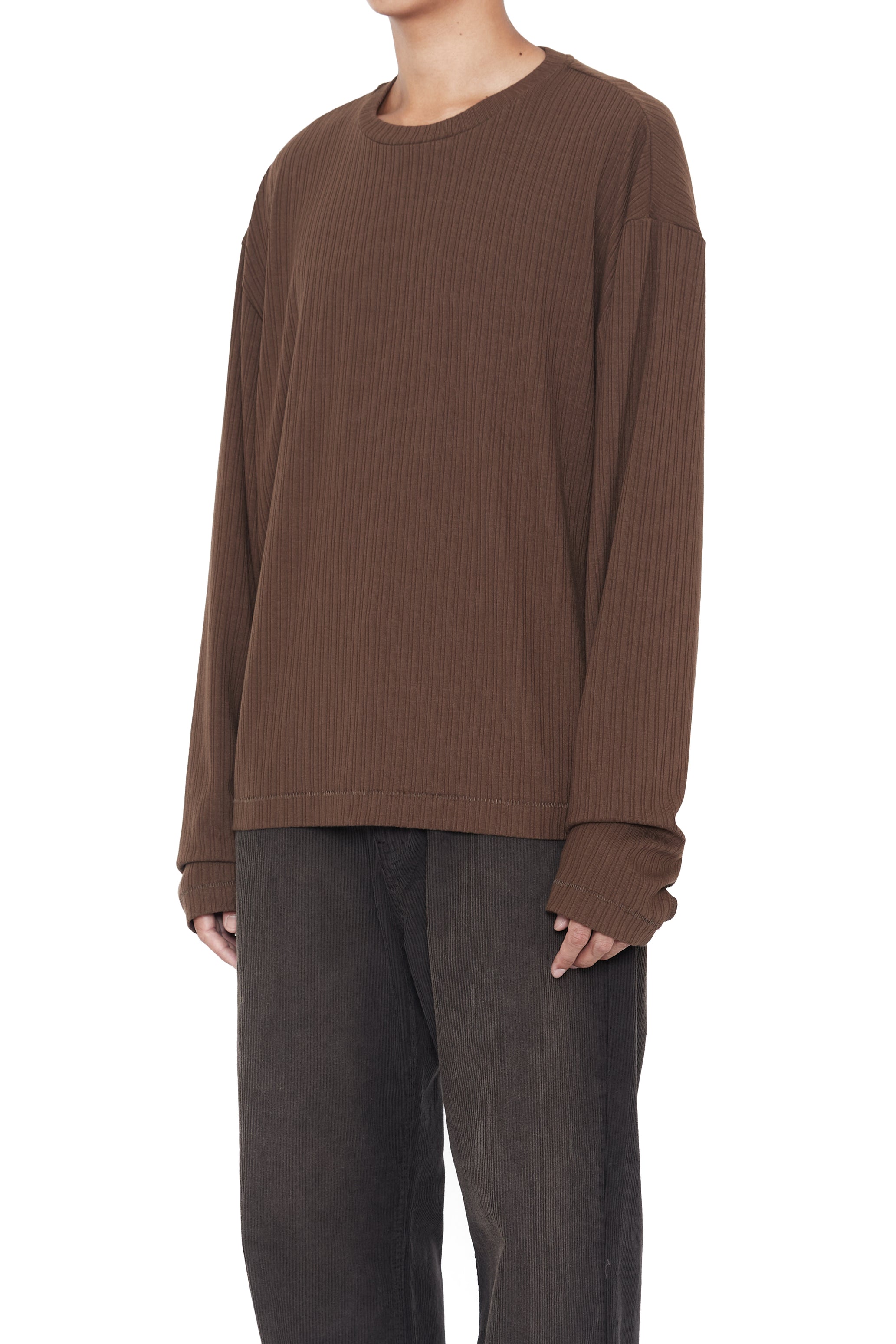 BROWN LONG SLEEVE SHIFTED RIB TOP