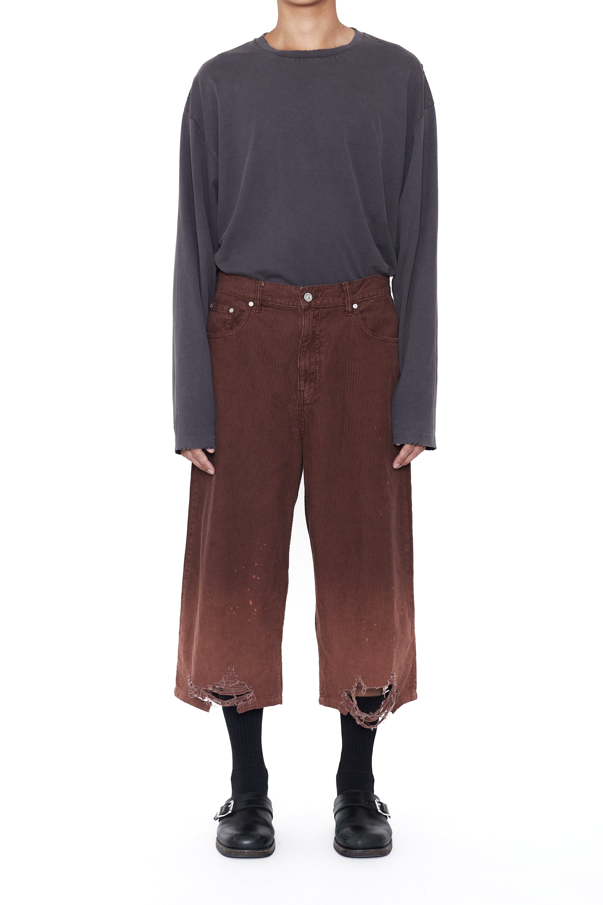 BROWN WASHED BLEACHED CORDUROY DESTROYED CUT OUT SHORTS