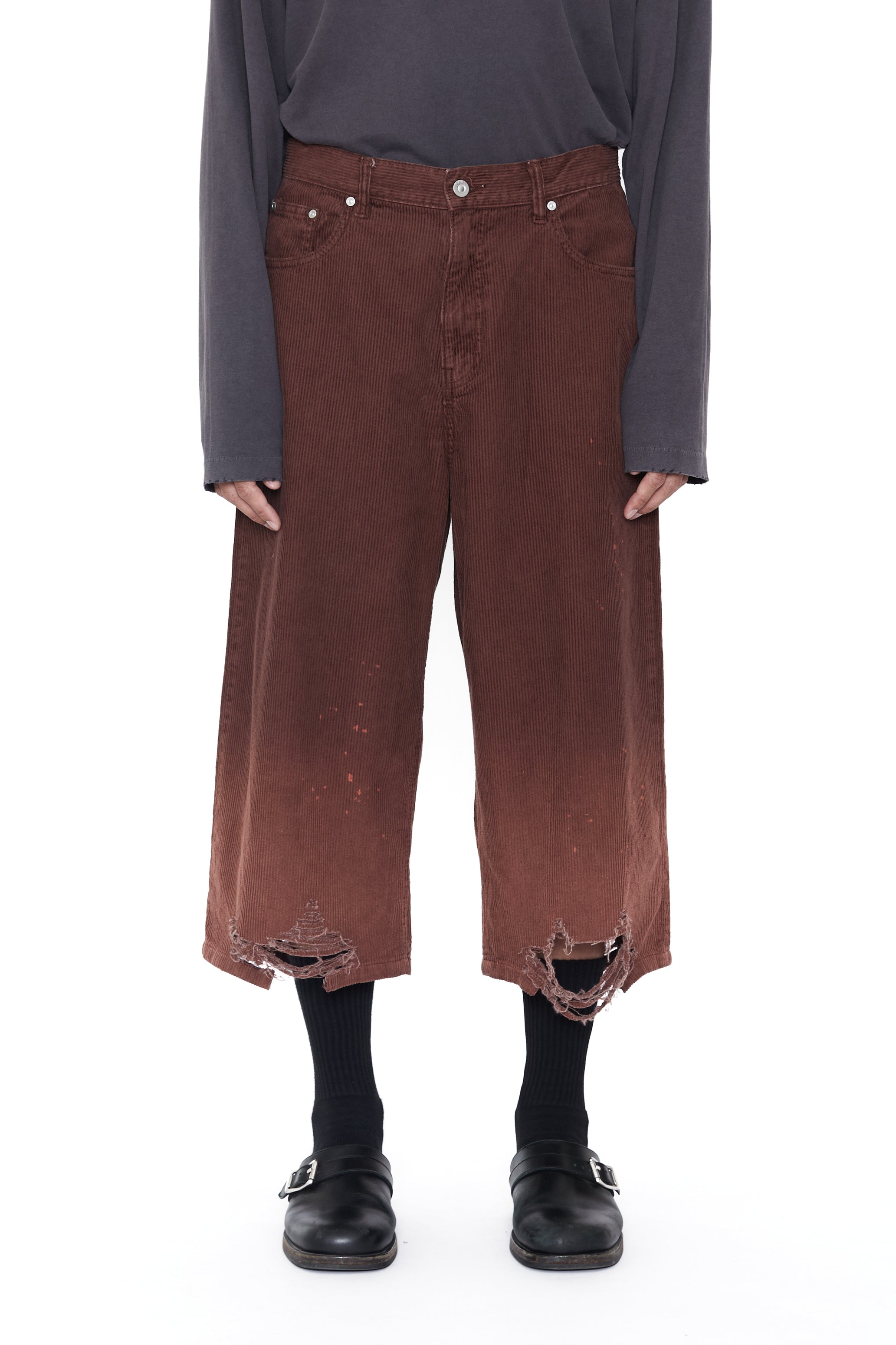 BROWN WASHED BLEACHED CORDUROY DESTROYED CUT OUT SHORTS