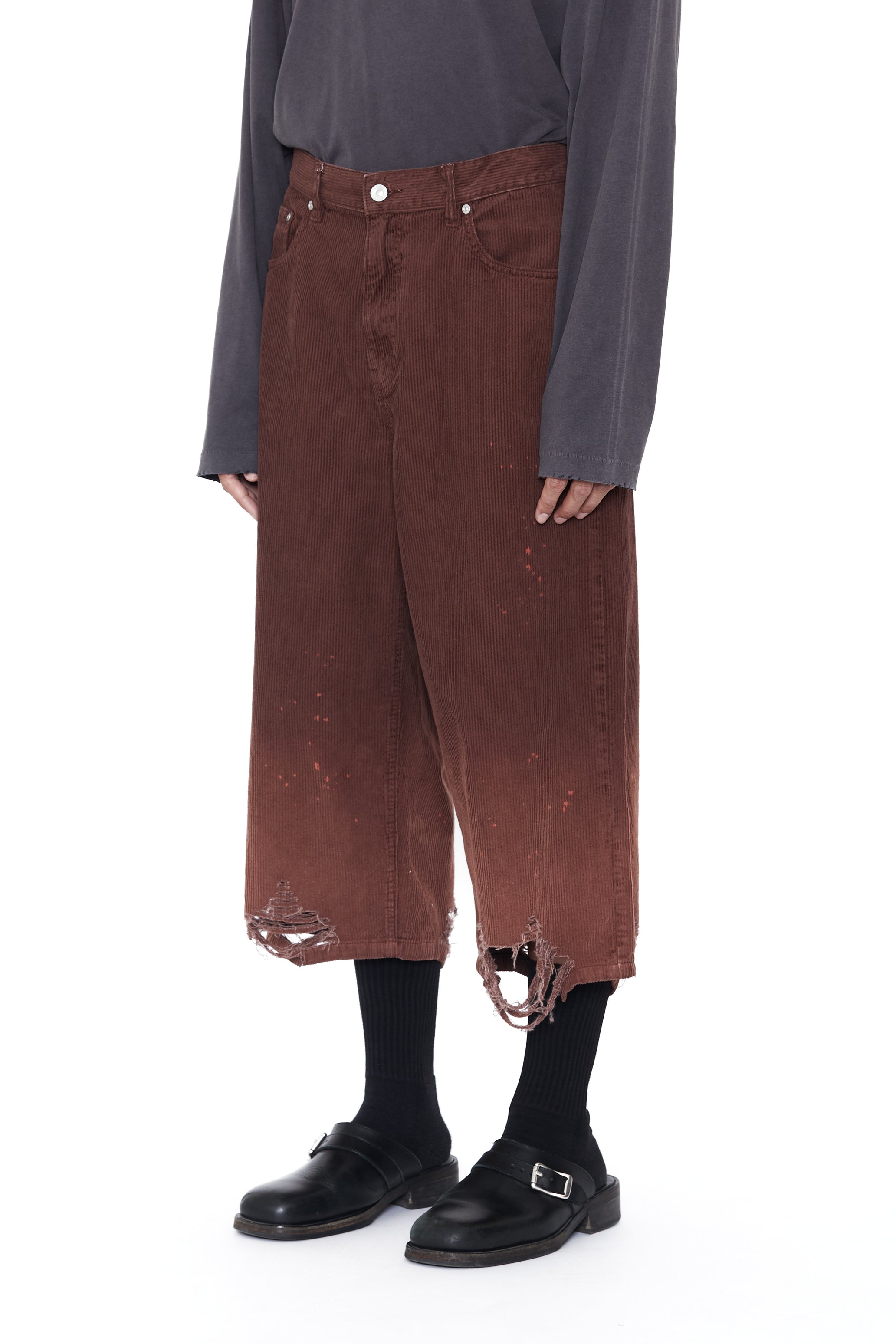 BROWN WASHED BLEACHED CORDUROY DESTROYED CUT OUT SHORTS