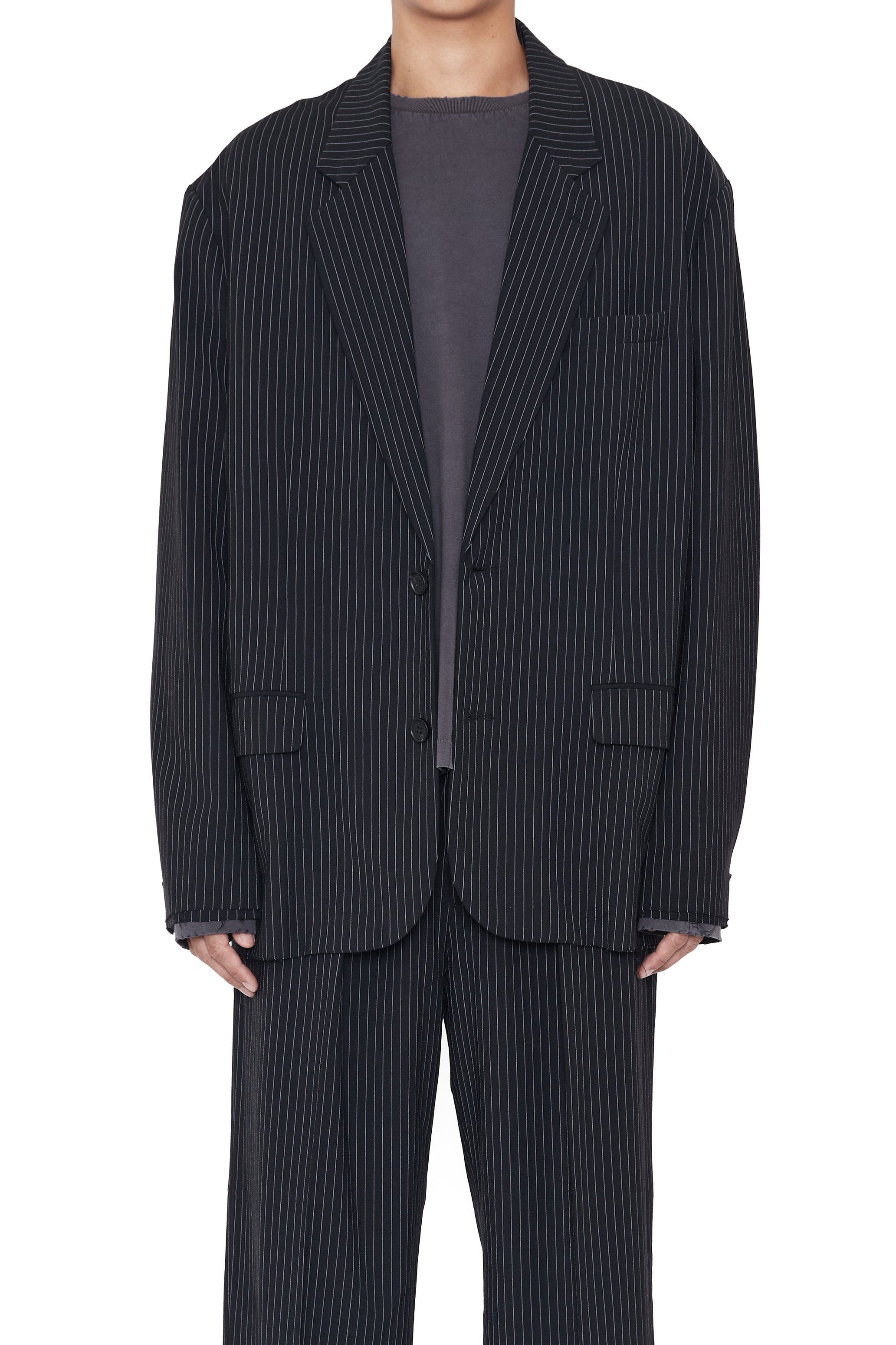 BLACK STRIPED WOOL POLY OVERSIZED DISTRESSED BLAZER