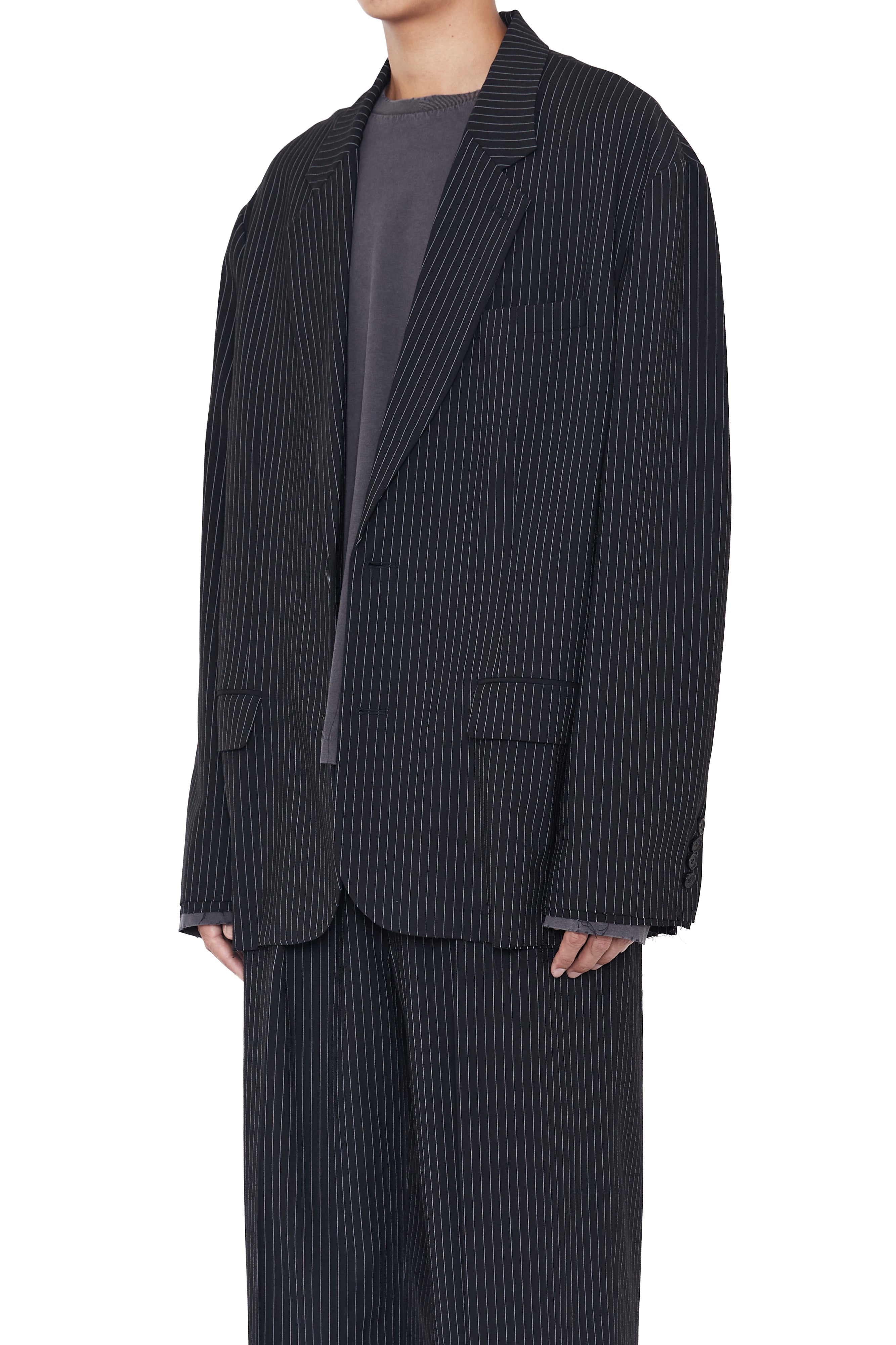 Load image into Gallery viewer, BLACK STRIPED WOOL POLY OVERSIZED DISTRESSED BLAZER
