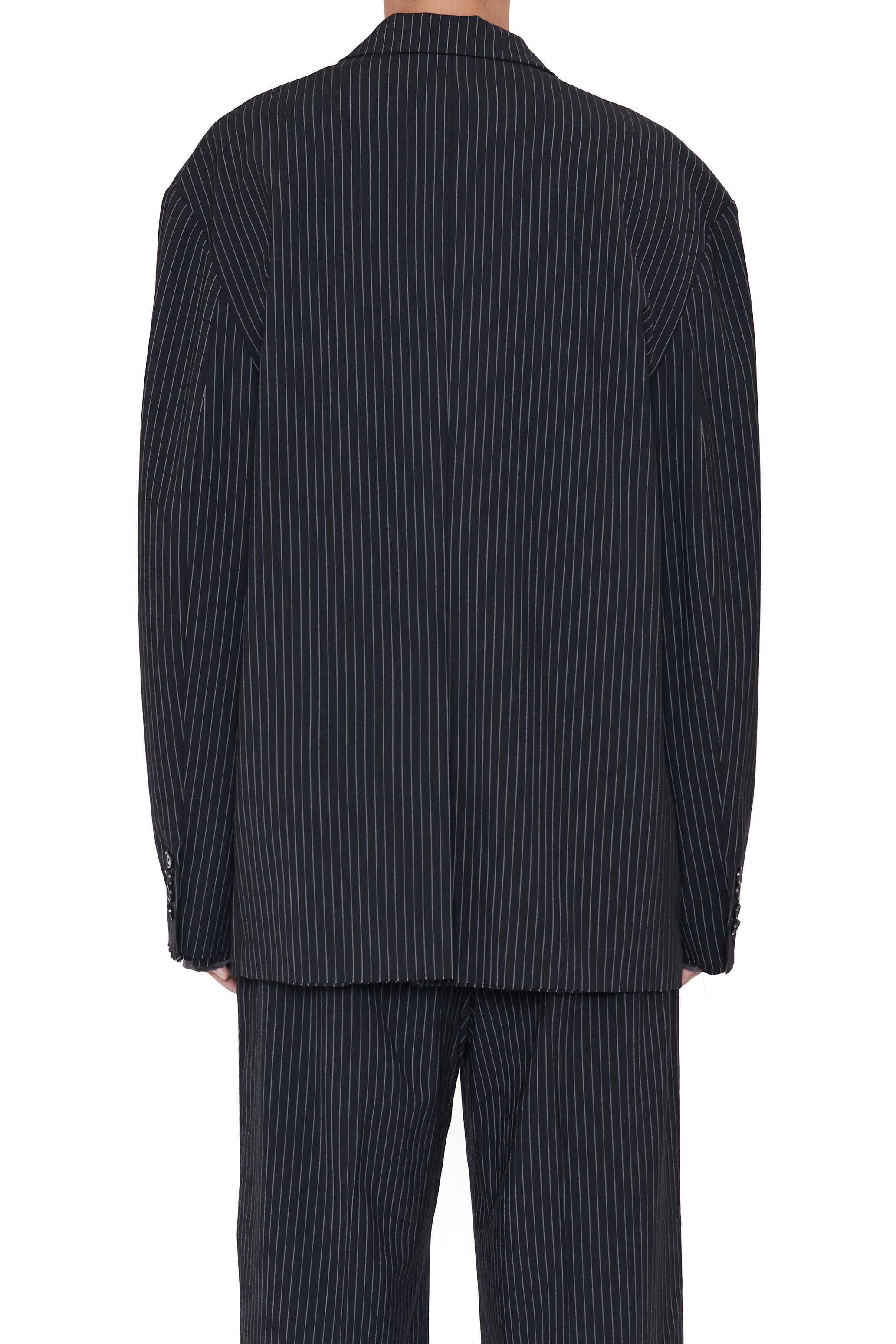 BLACK STRIPED WOOL POLY OVERSIZED DISTRESSED BLAZER