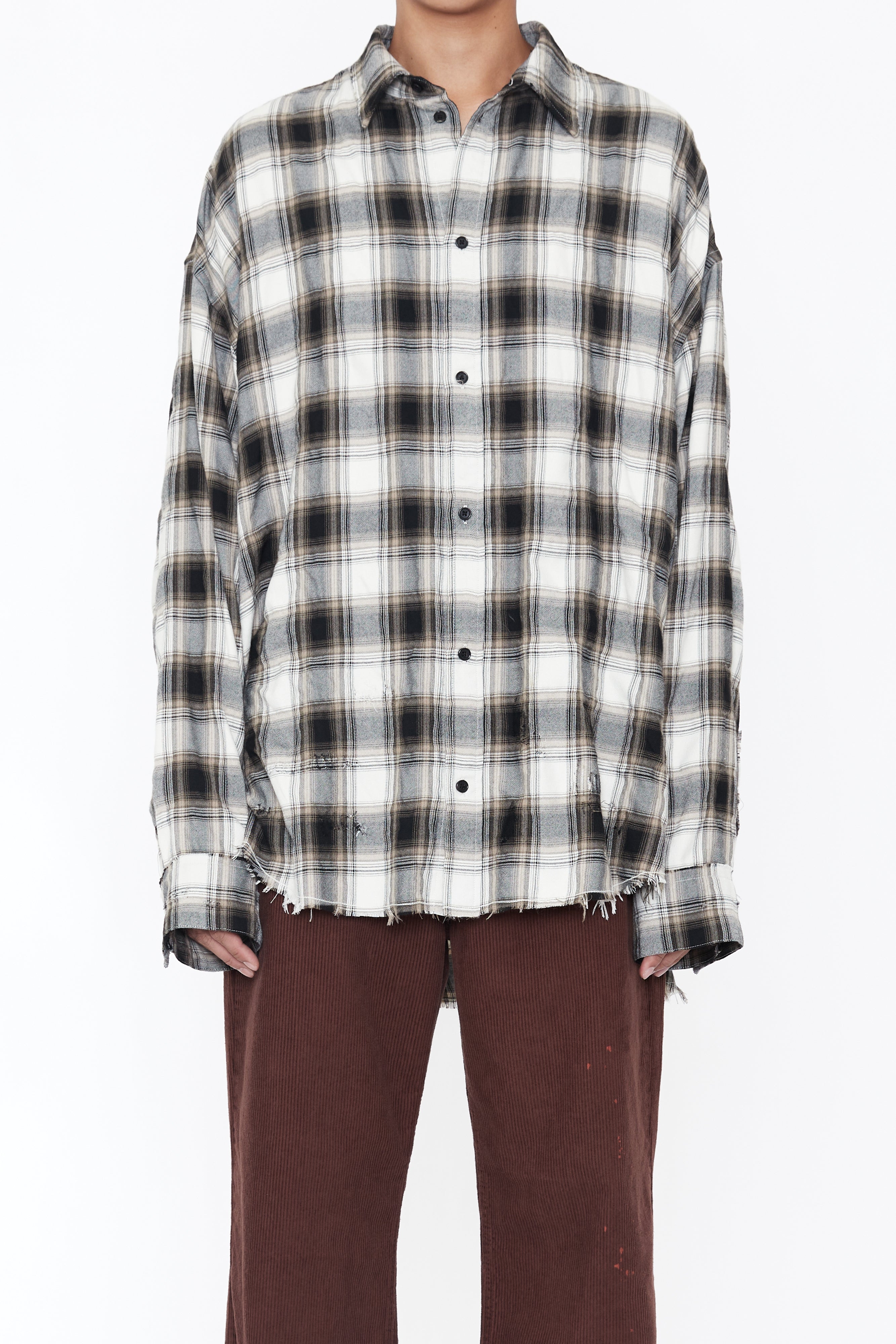 Load image into Gallery viewer, BEIGE GREY CHECKED WASHED THRASHED
STRUCTURED SHIRT
