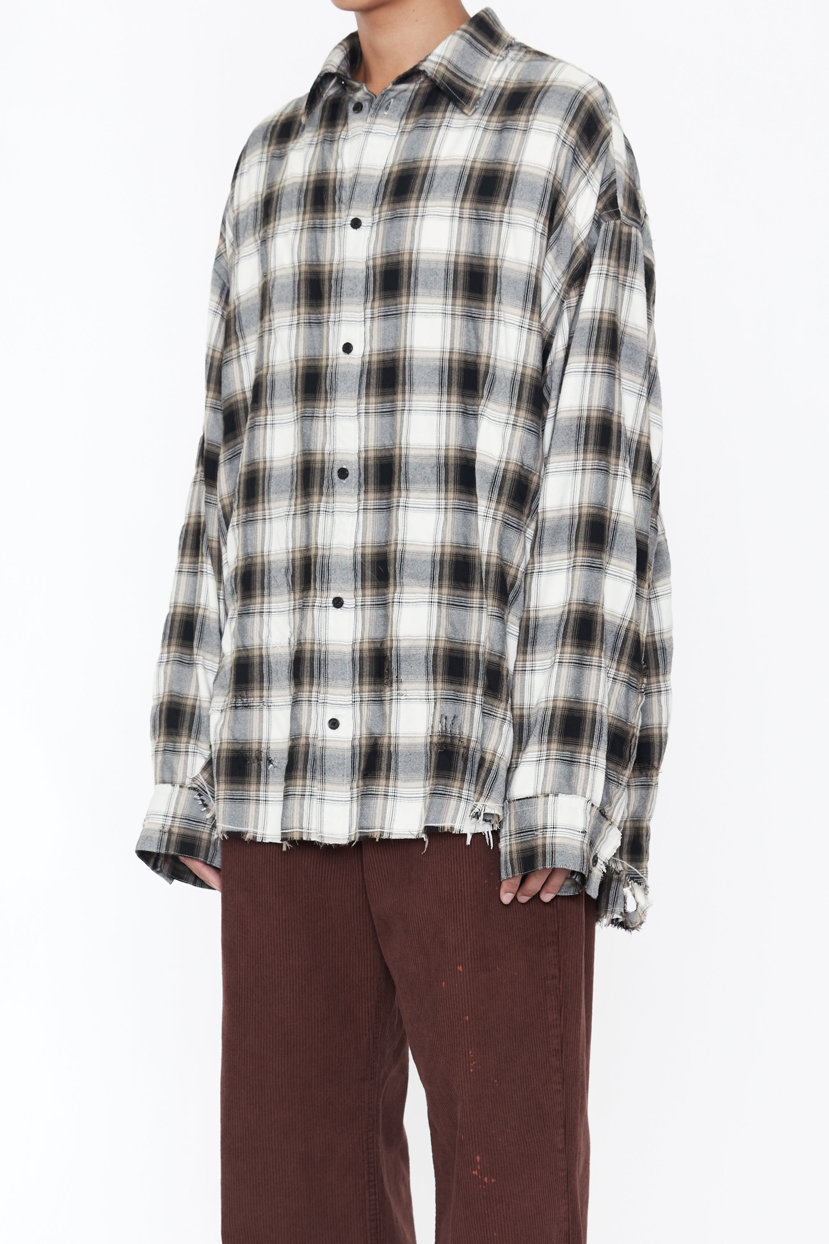 Load image into Gallery viewer, BEIGE GREY CHECKED WASHED THRASHED
STRUCTURED SHIRT

