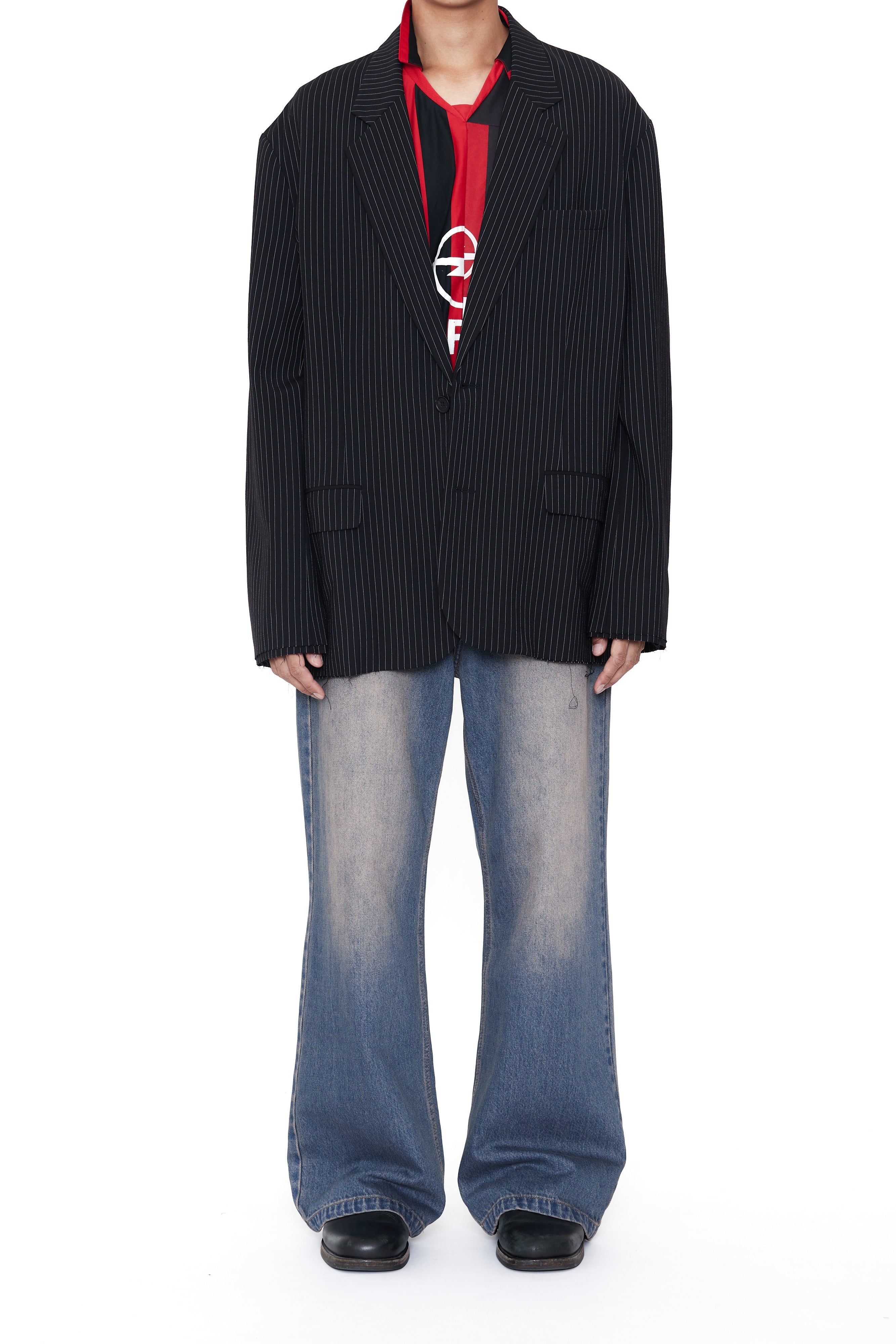 Load image into Gallery viewer, BLACK STRIPED WOOL POLY OVERSIZED DISTRESSED BLAZER
