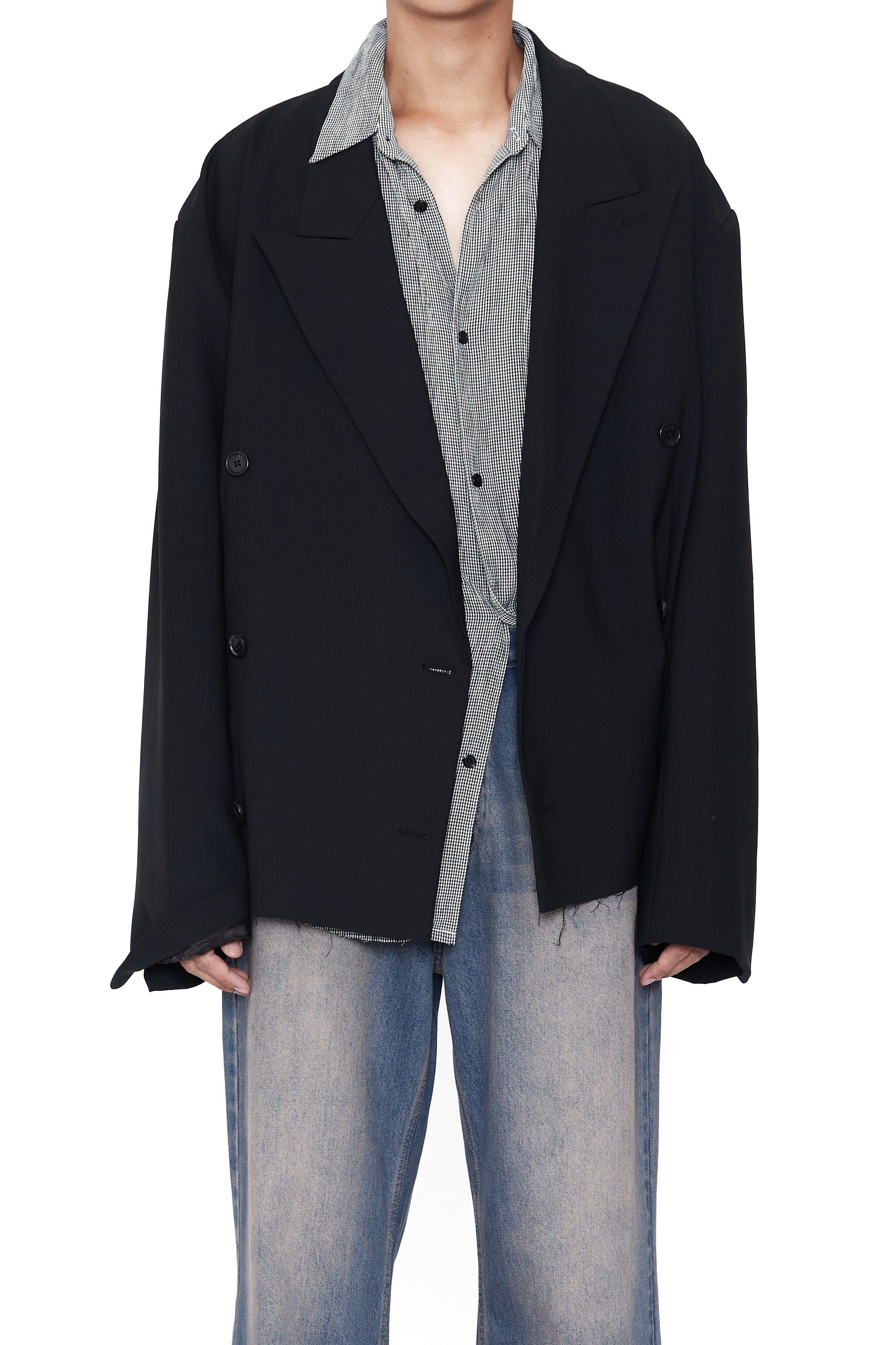 BLACK WOOL CUT OFF DOUBLE BREASTED LENTO BLAZER