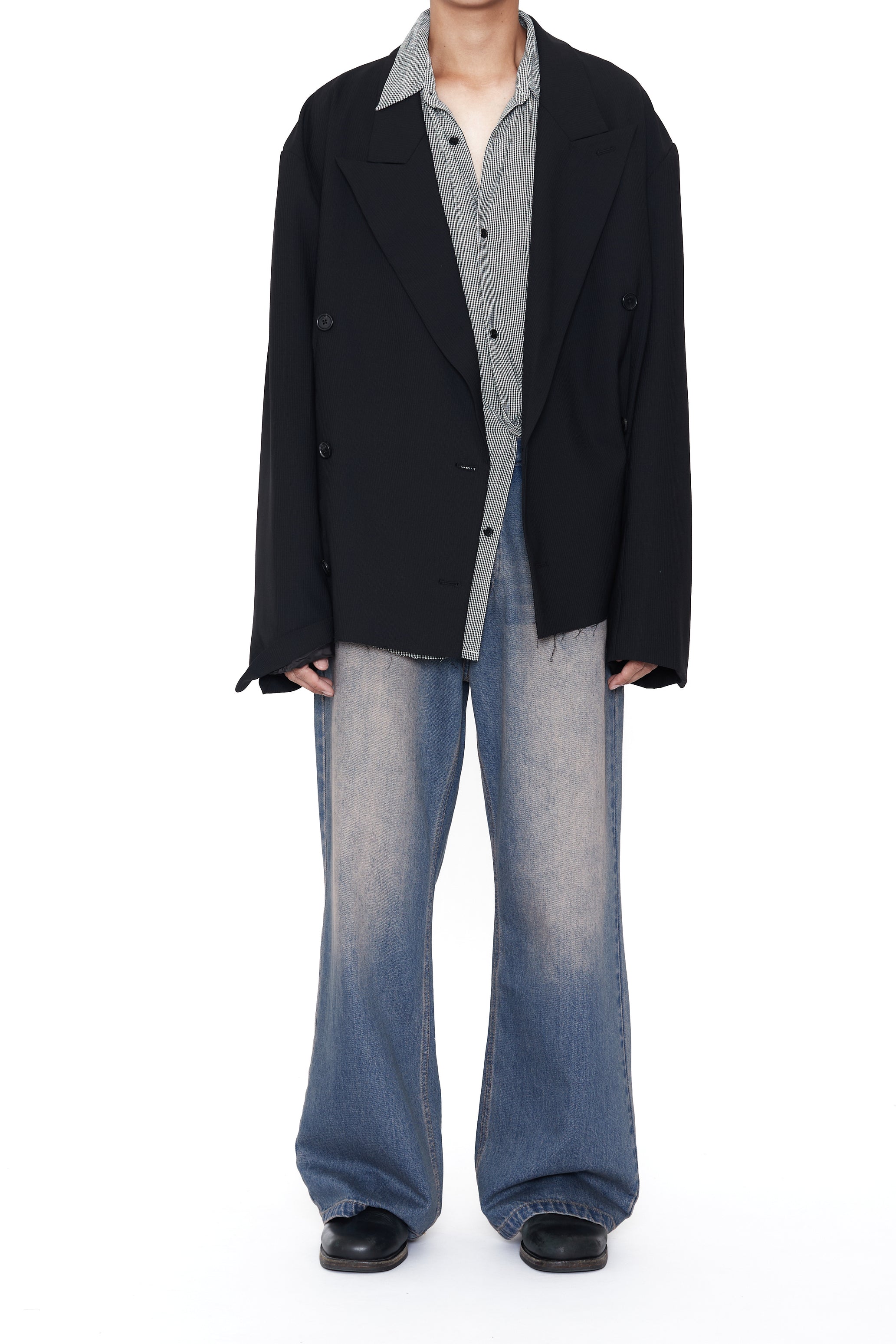 BLACK WOOL CUT OFF DOUBLE BREASTED LENTO BLAZER