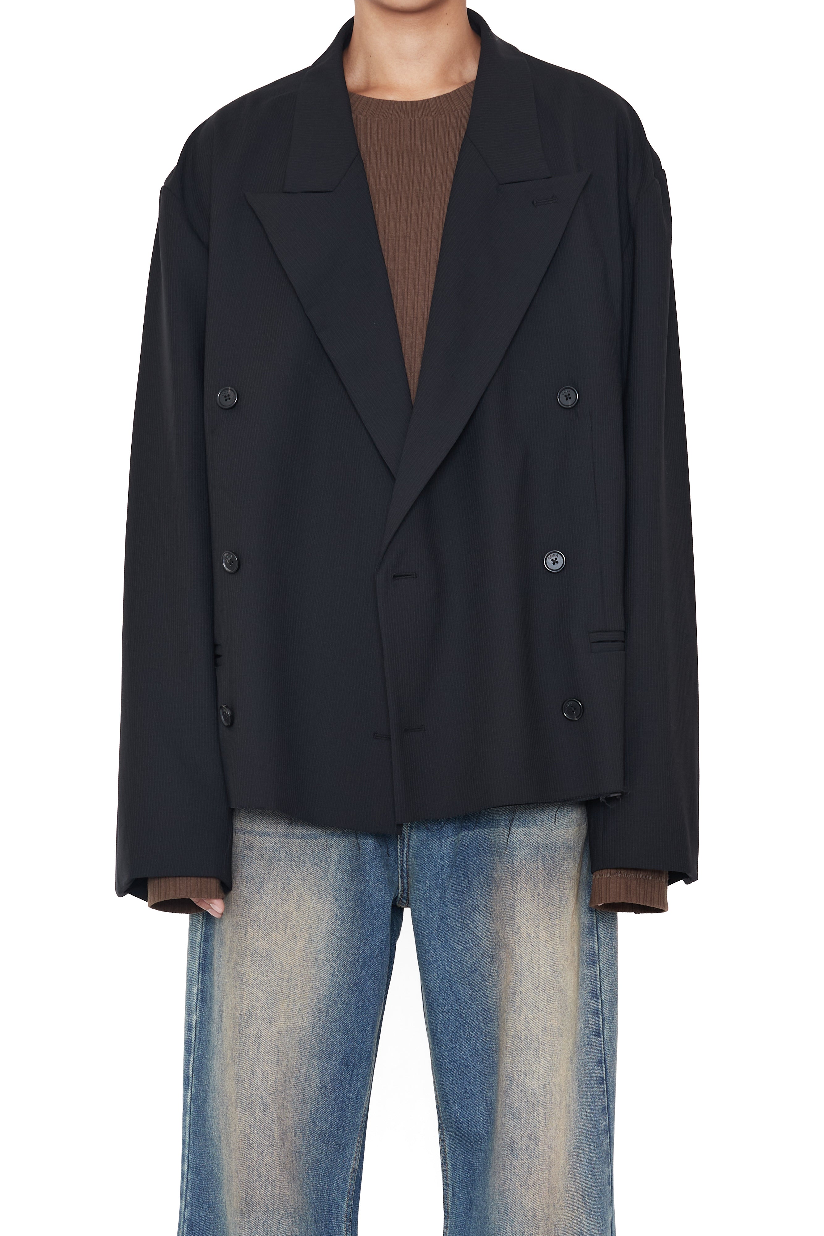 Load image into Gallery viewer, BLACK WOOL CUT OFF DOUBLE BREASTED LENTO BLAZER
