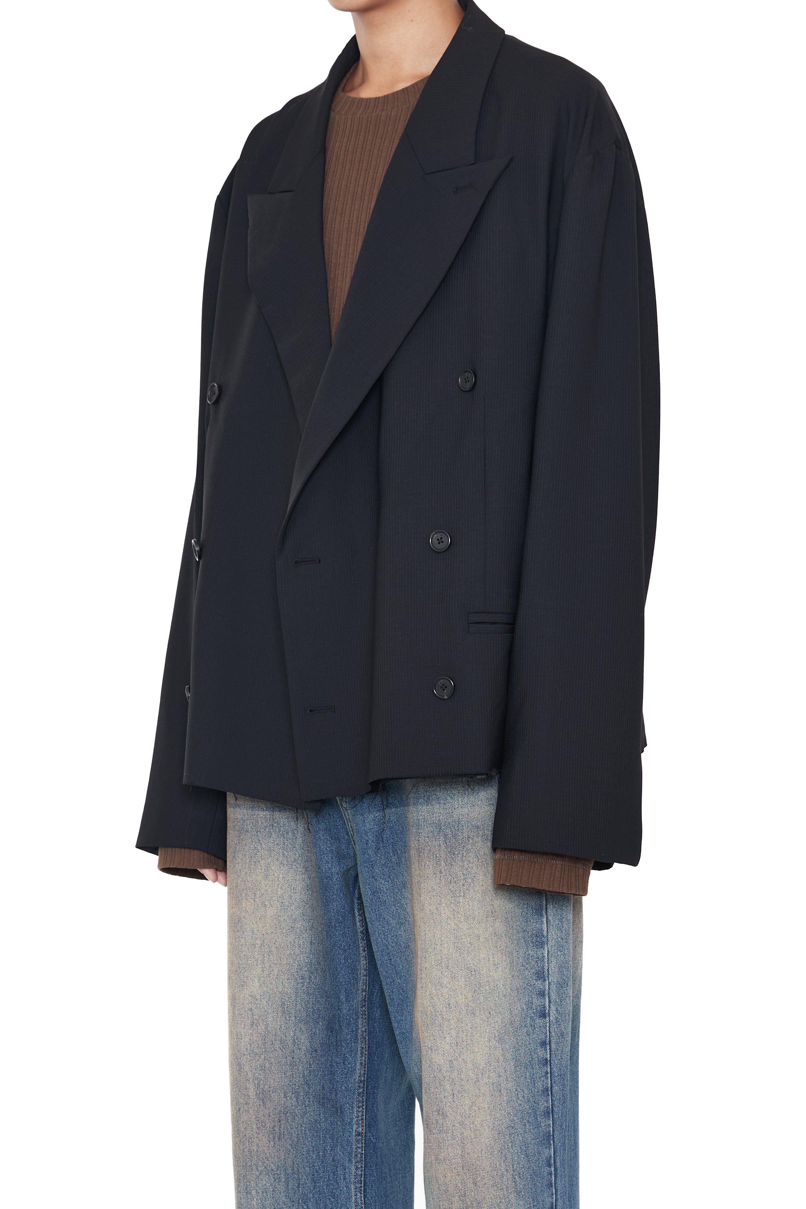 Load image into Gallery viewer, BLACK WOOL CUT OFF DOUBLE BREASTED LENTO BLAZER
