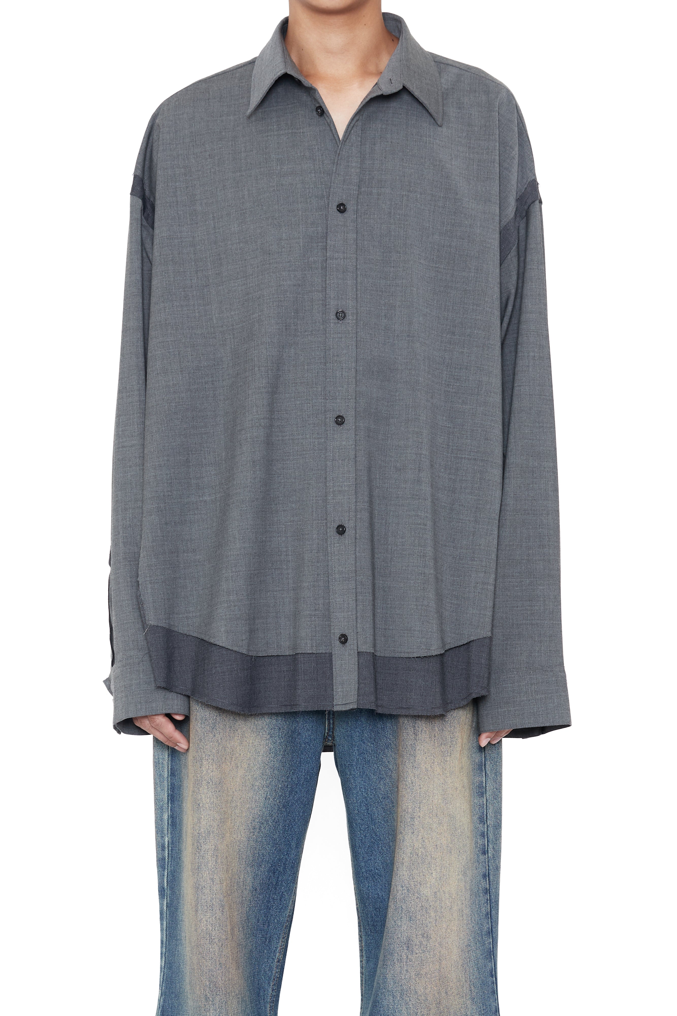 Load image into Gallery viewer, GREY WOOL POLY RAW EDGES HYBRID SHIRT
