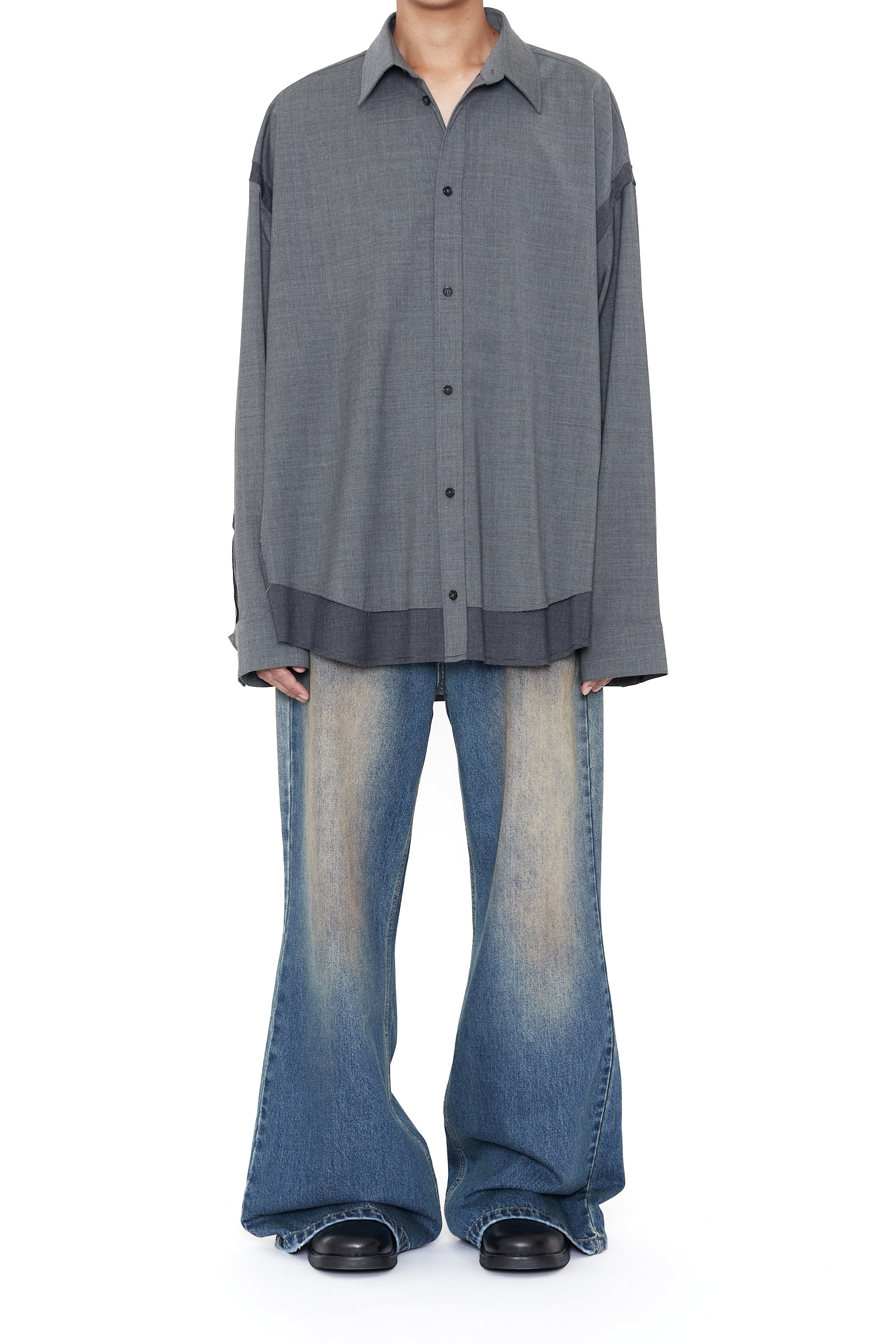 Load image into Gallery viewer, GREY WOOL POLY RAW EDGES HYBRID SHIRT
