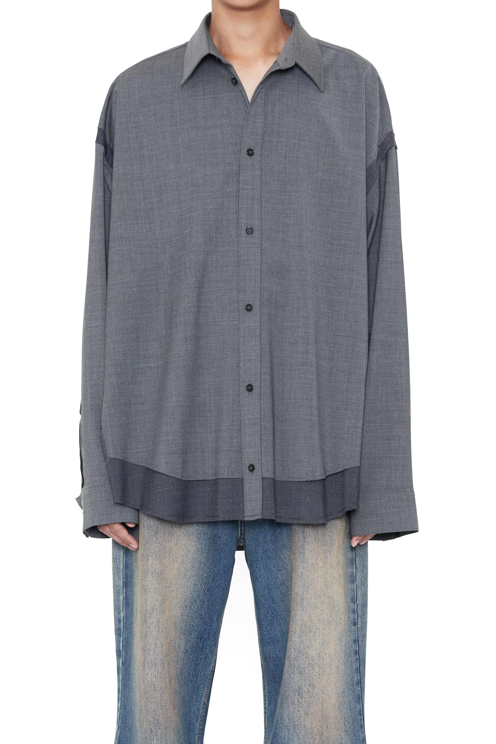 GREY WOOL POLY RAW EDGES HYBRID SHIRT