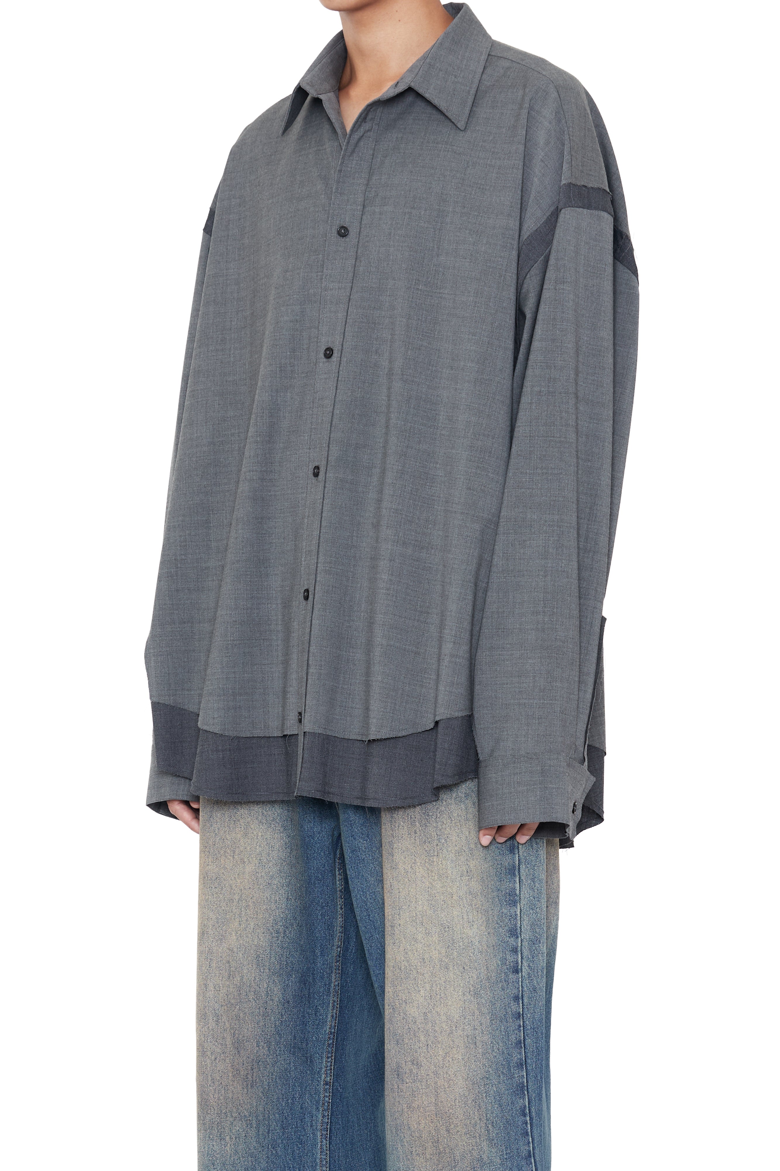 Load image into Gallery viewer, GREY WOOL POLY RAW EDGES HYBRID SHIRT
