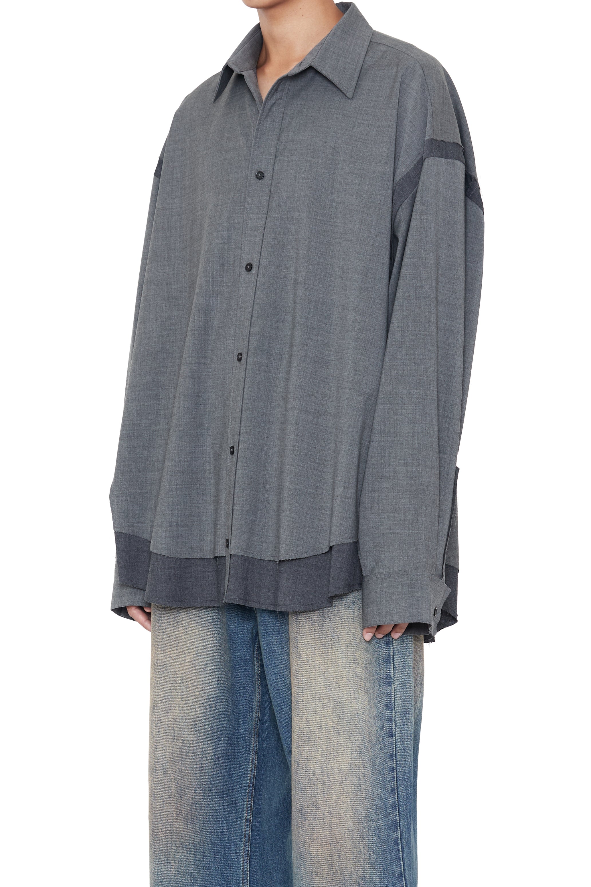 GREY WOOL POLY RAW EDGES HYBRID SHIRT
