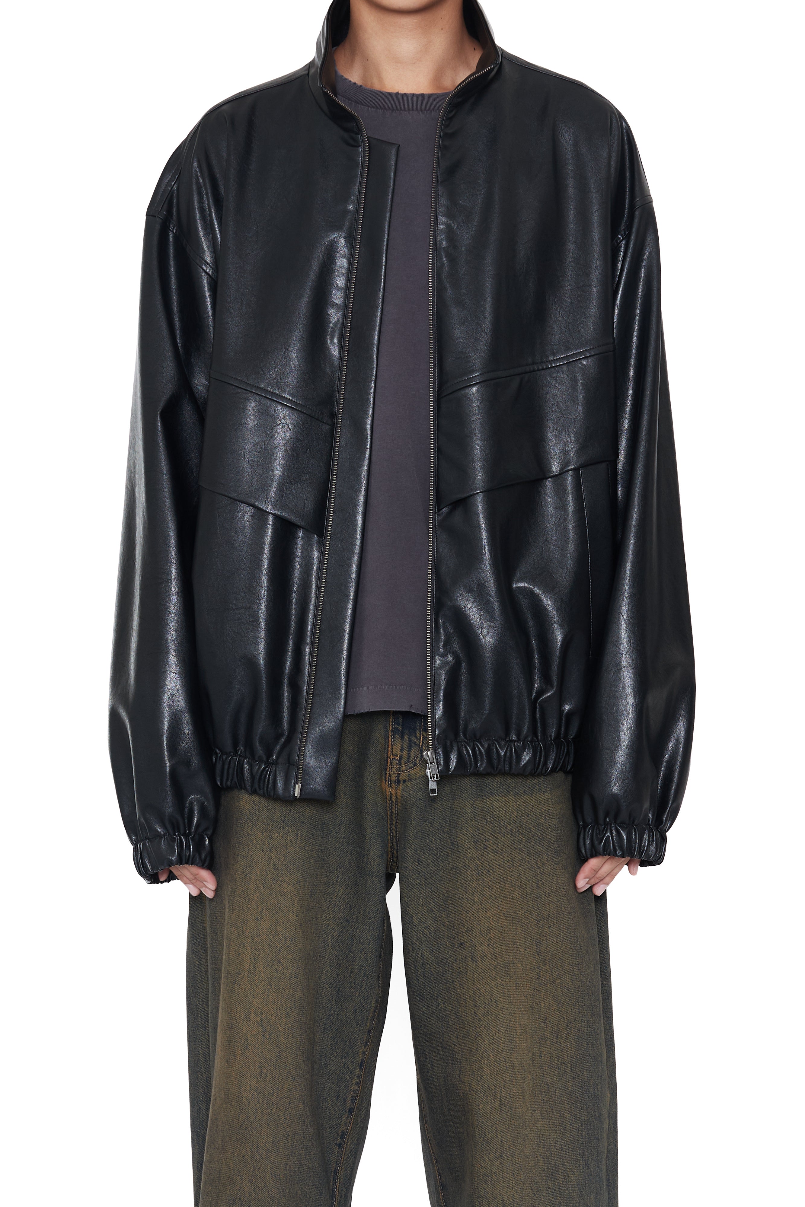 Load image into Gallery viewer, BLACK SYNTHETIC LEATHER STADIUM JACKET
