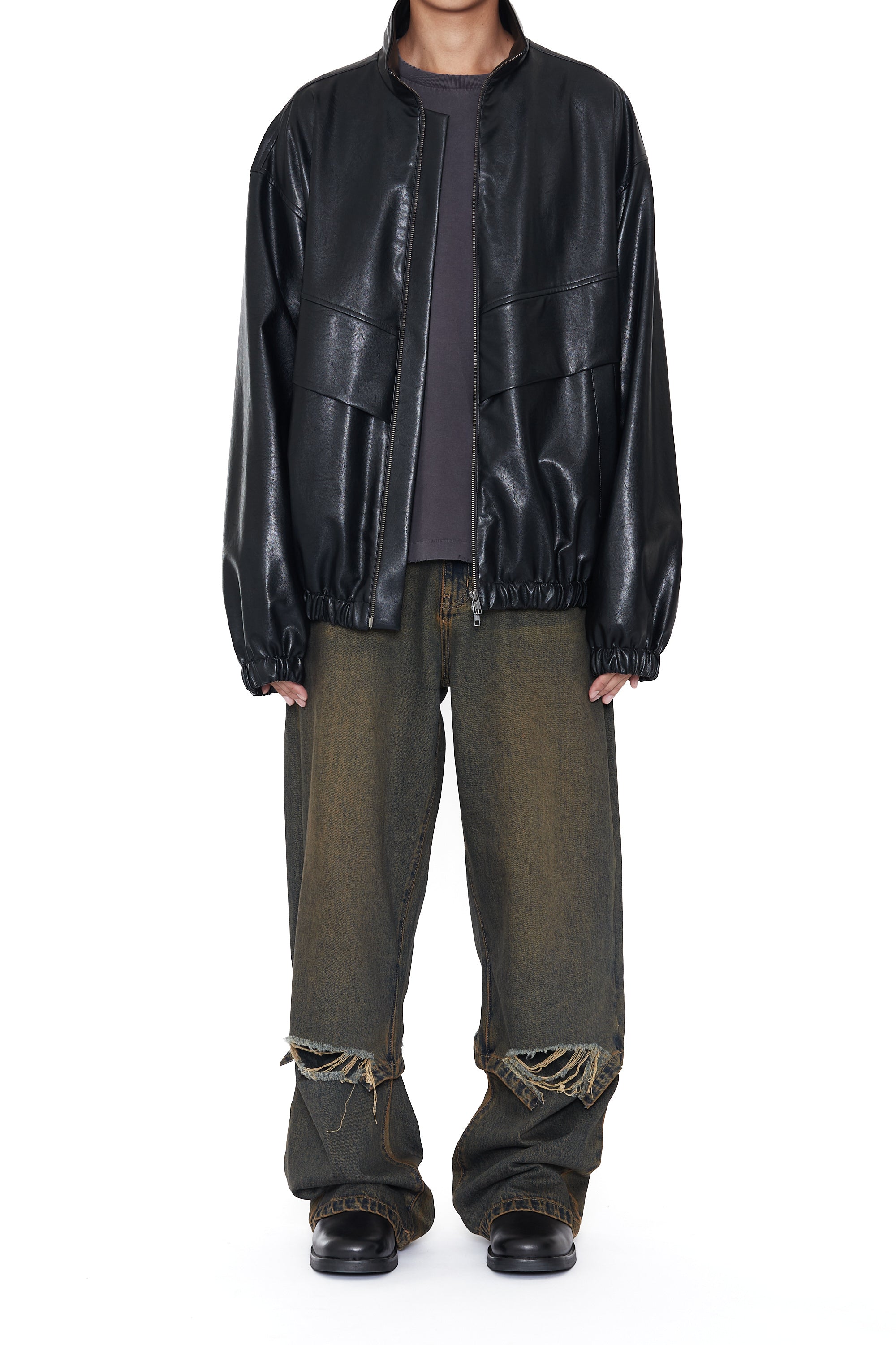 BLACK SYNTHETIC LEATHER STADIUM JACKET