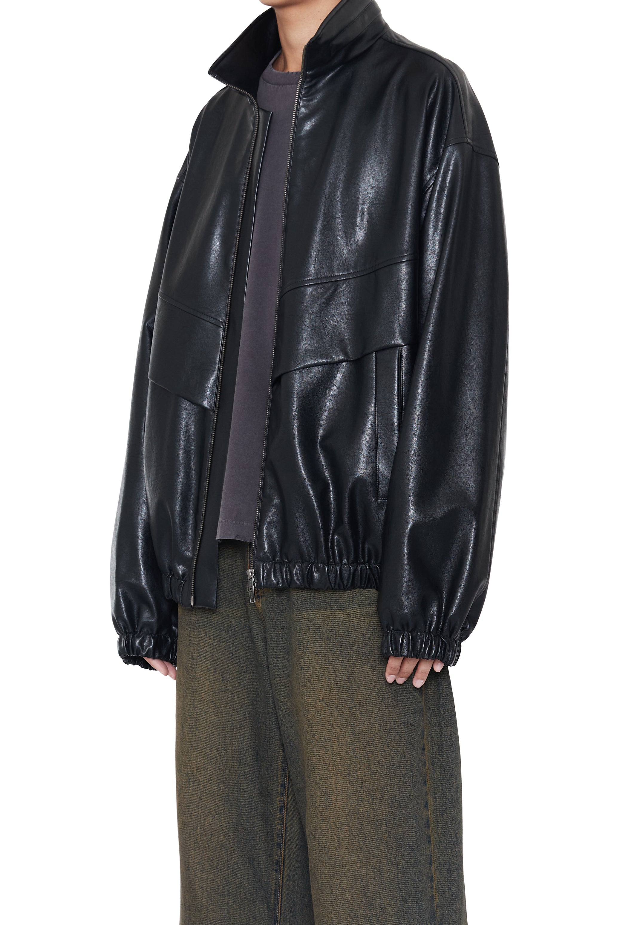 BLACK SYNTHETIC LEATHER STADIUM JACKET