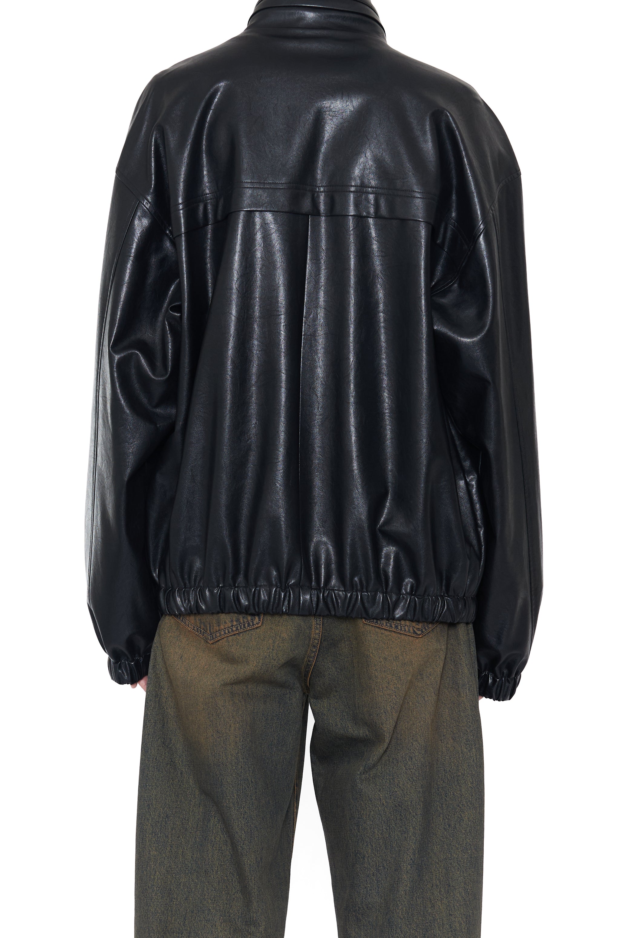 BLACK SYNTHETIC LEATHER STADIUM JACKET