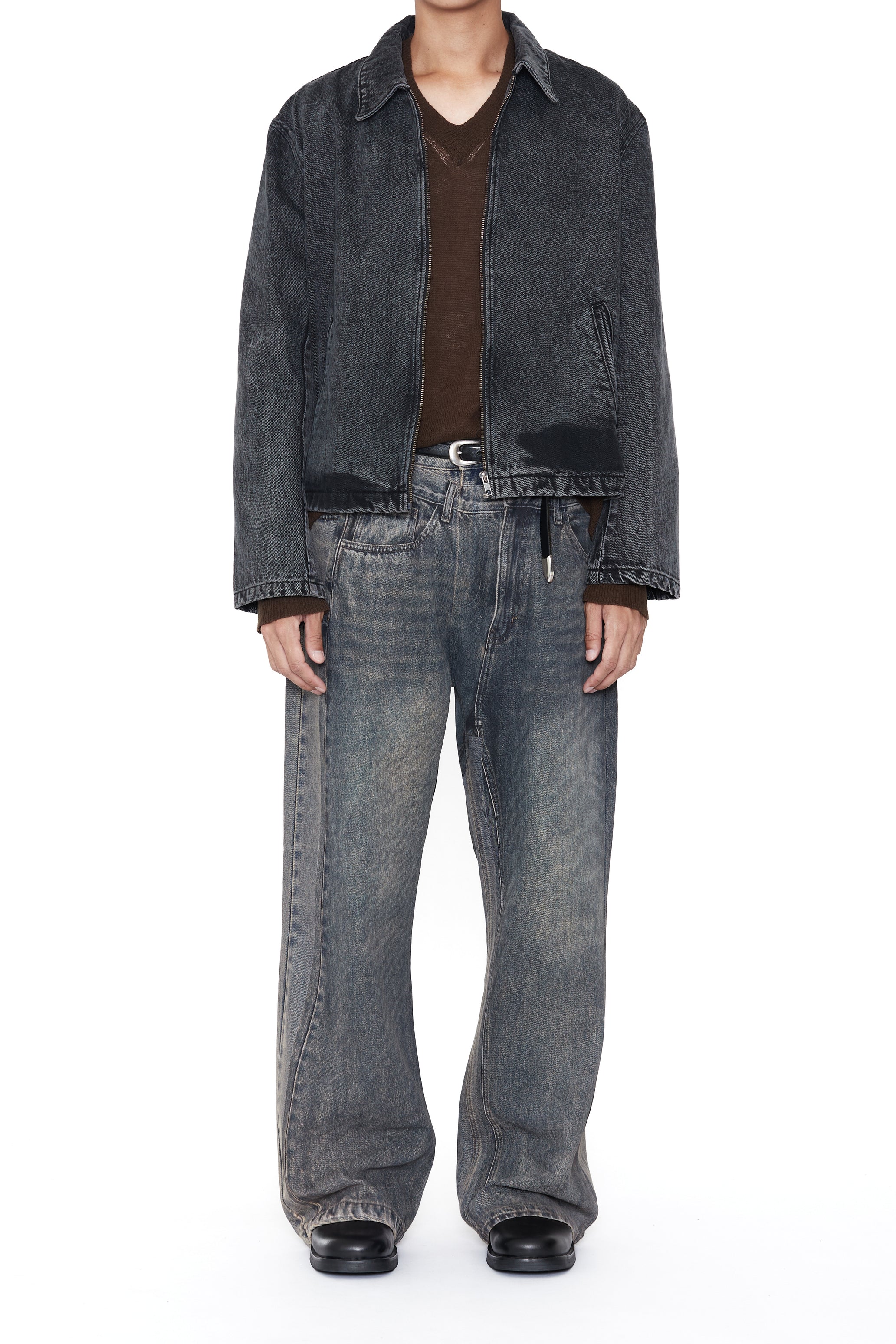 BLACK ACID WASHED DENIM TILT ZIP JACKET