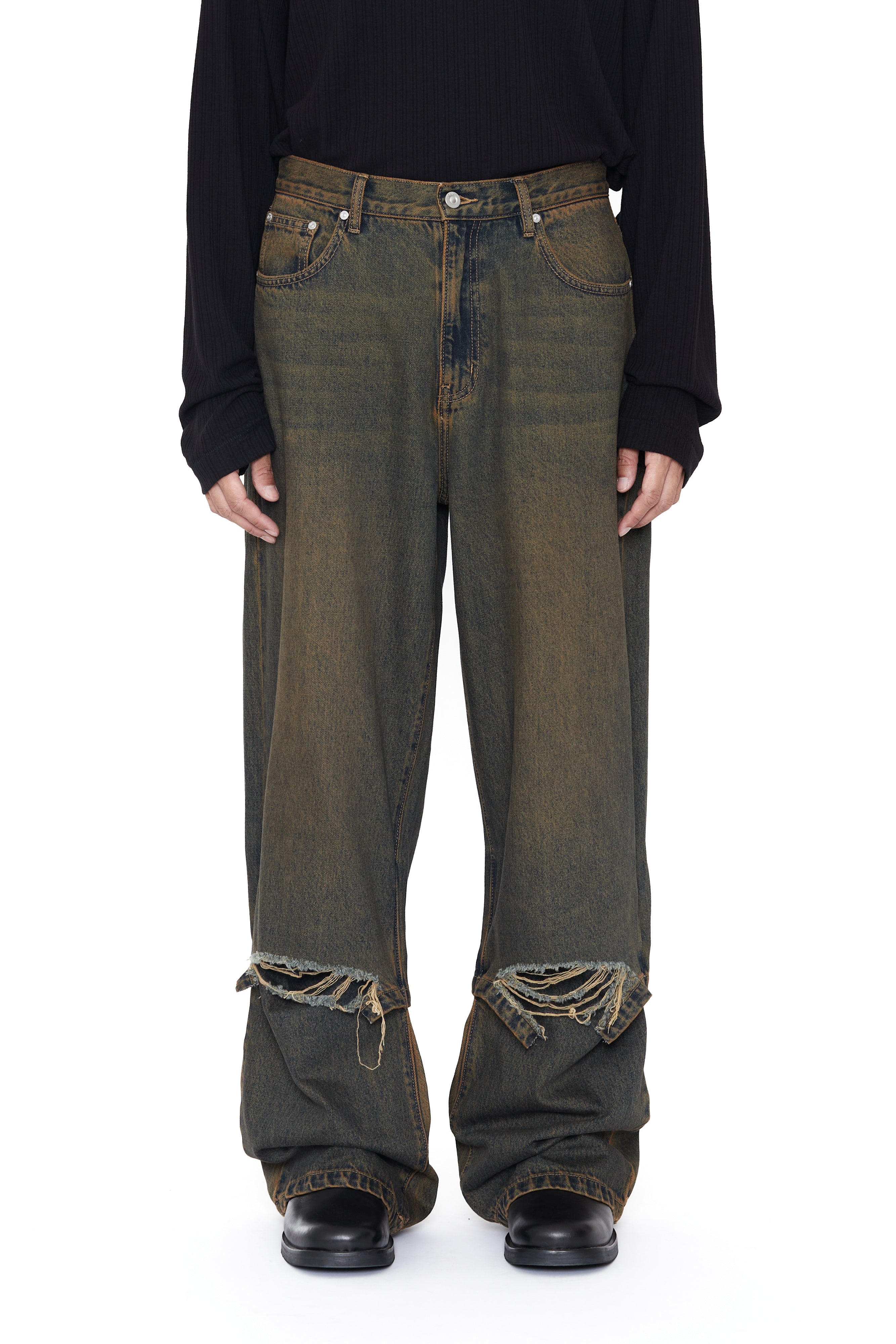 Load image into Gallery viewer, BLACK BROWN WASH LAYERED HYBRID BREAK CUT JEANS
