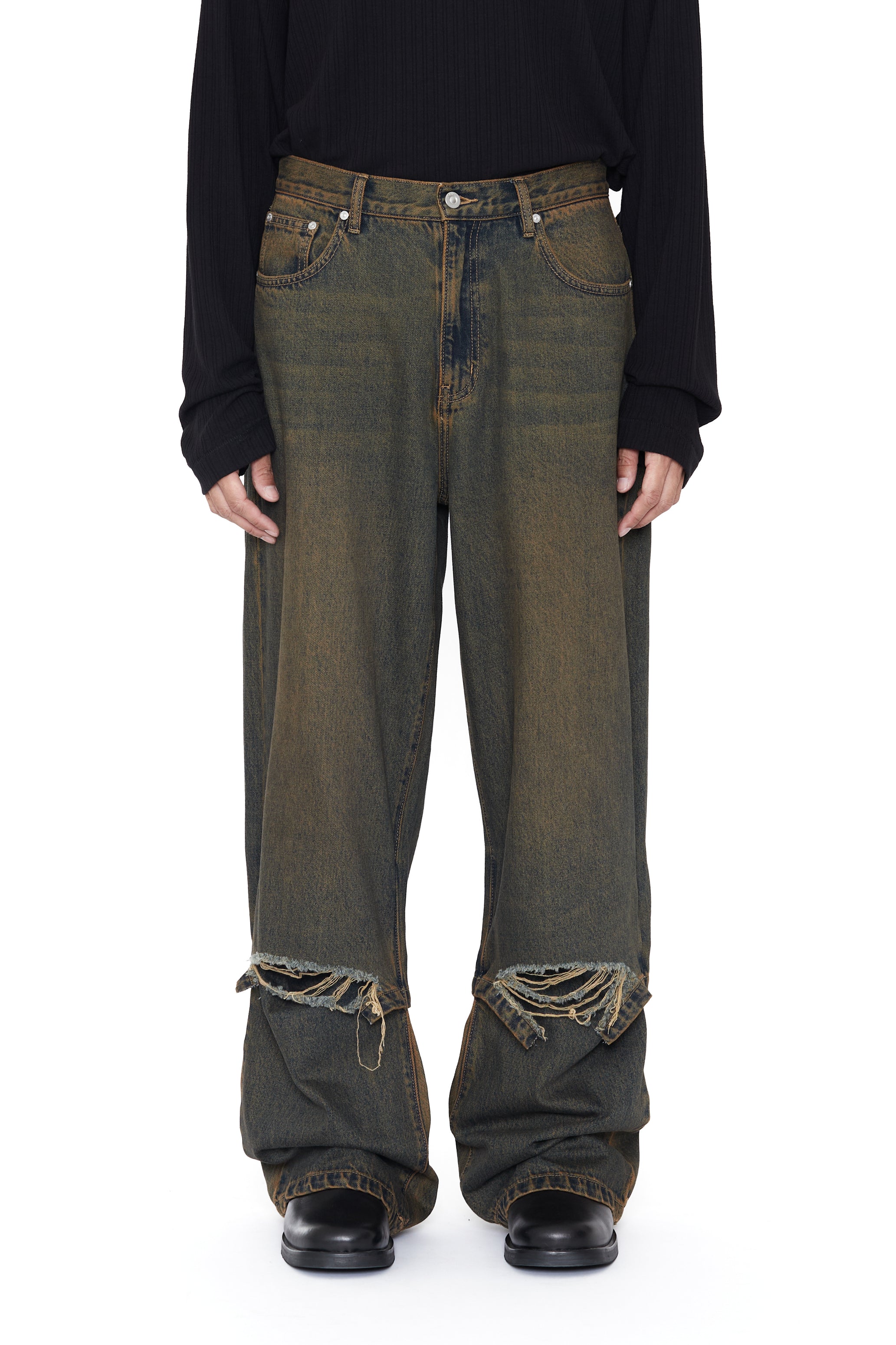 BLACK BROWN WASH LAYERED HYBRID BREAK CUT JEANS