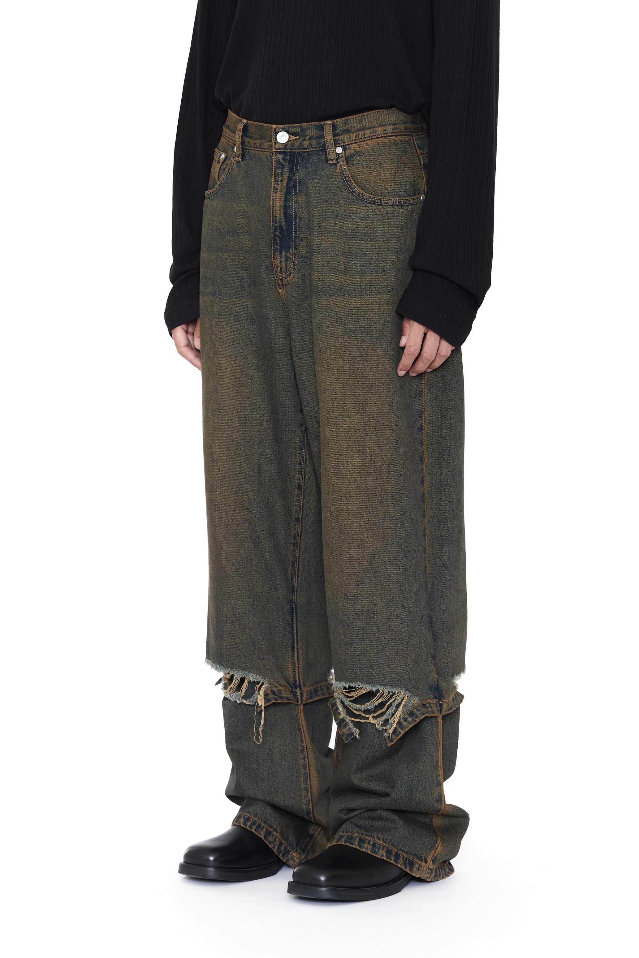 BLACK BROWN WASH LAYERED HYBRID BREAK CUT JEANS