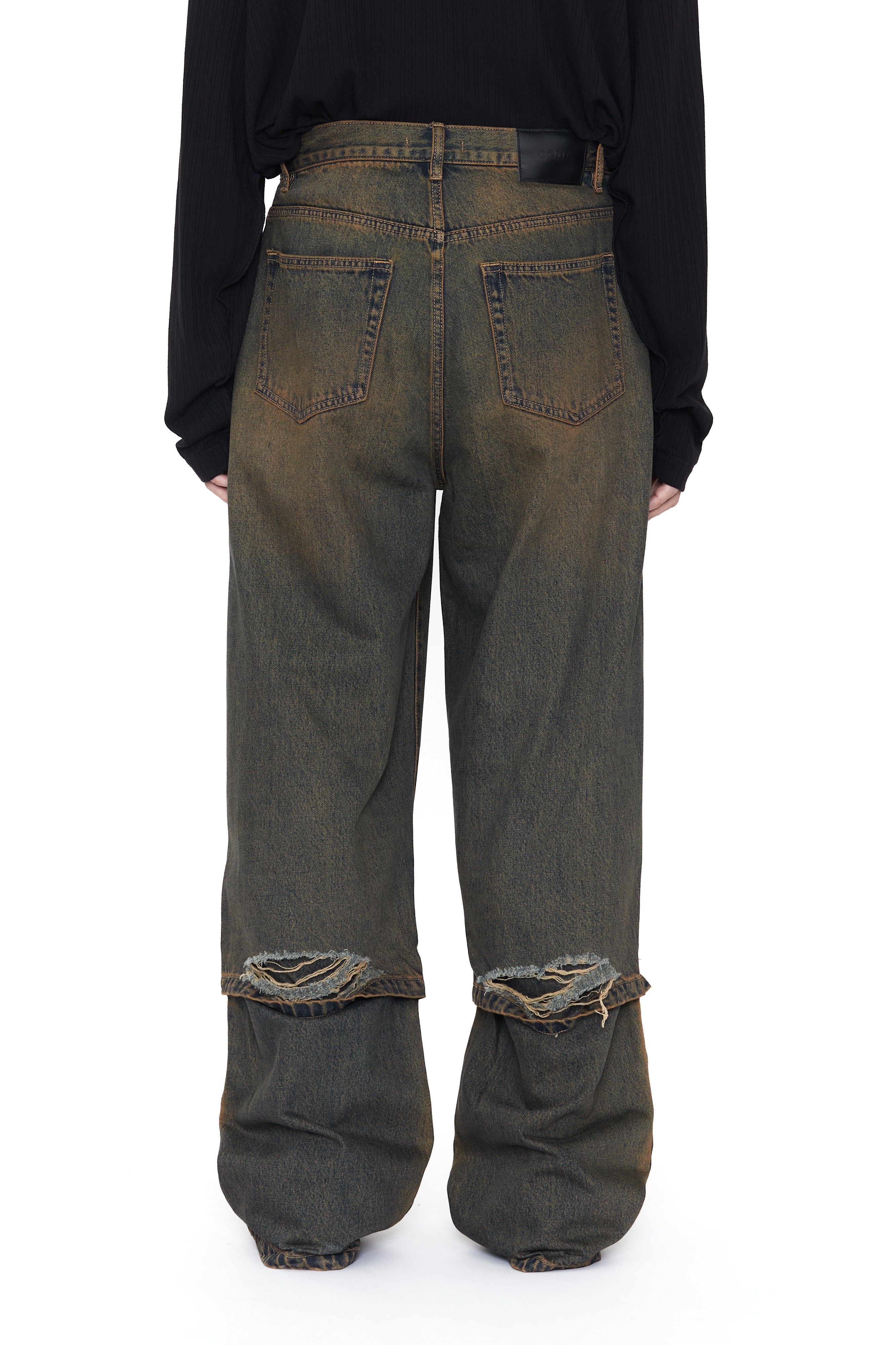 Load image into Gallery viewer, BLACK BROWN WASH LAYERED HYBRID BREAK CUT JEANS
